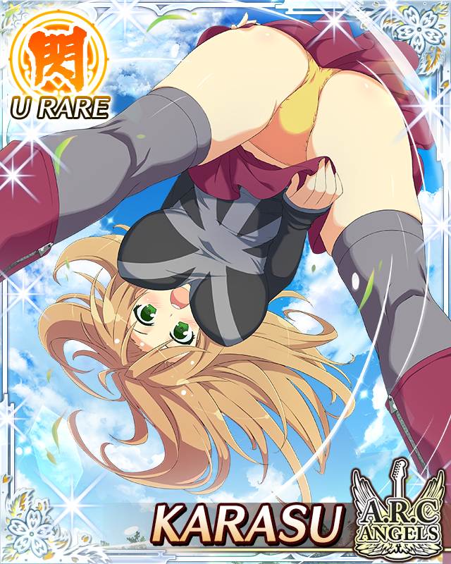 karasu (senran kagura), senran kagura, senran kagura new wave, game cg, official art, 1girl, :o, black shirt, black skirt, boots, border, breasts, brown hair, card (medium), character name, cleavage, covering privates, english text, from below, green eyes, grey thighhighs, large breasts, long hair, long sleeves, looking at viewer, panties, red boots, red skirt, shirt, skirt, solo, surprised, thighhighs, underwear, wind, wind lift, yellow panties