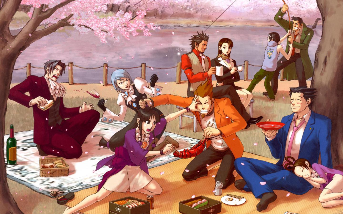 edaki shin'ya, franziska von karma, larry butz, maya fey, mia fey, miles edgeworth, pearl fey, phoenix wright, ace attorney, capcom, character request, 5boys, 5girls, fighting, fishing, multiple boys, multiple girls, pantyhose