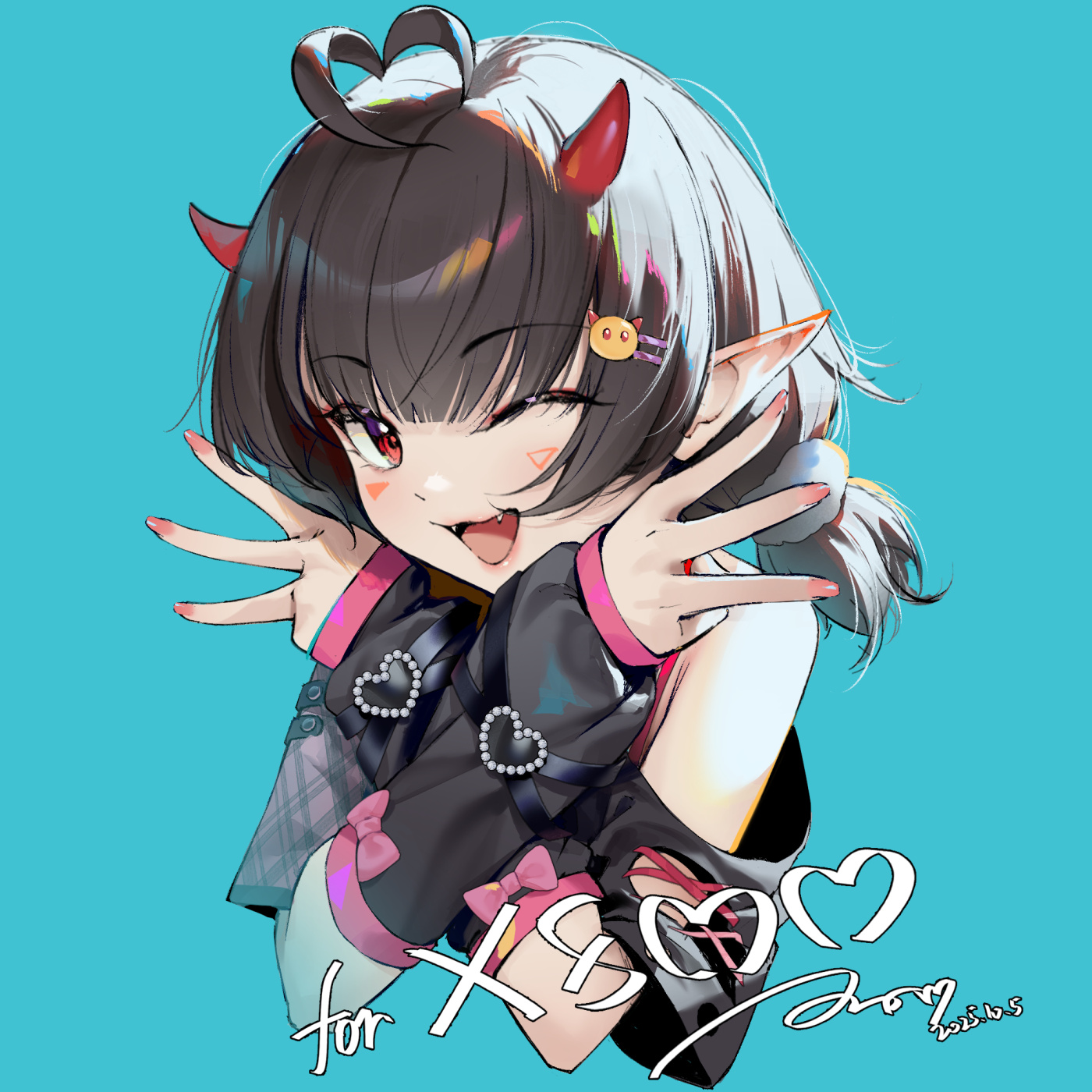 pekakiu, original, highres, 1girl, ahoge, arm warmers, bare shoulders, black hair, blue background, demon horns, double middle w, fangs, horns, looking at viewer, medium hair, one eye closed, open mouth, pointy ears, red eyes, simple background, smile, solo, upper body