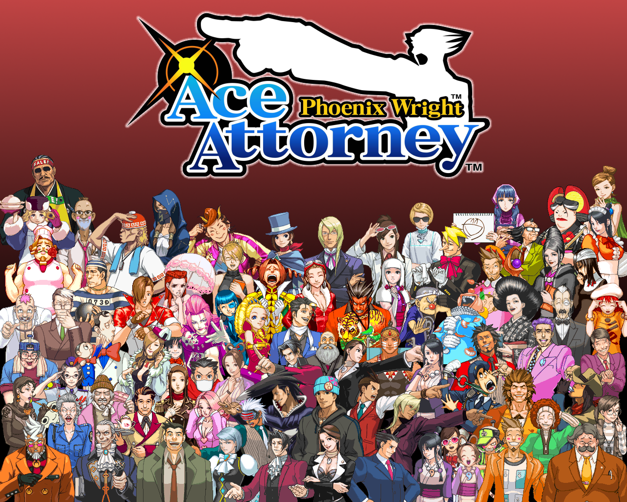 acro (ace attorney), adrian andrews, alita tiala, angel starr, apollo justice, april may, bellboy (ace attorney), benjamin woodman, cody hackins, dahlia hawthorne, damon gant, daryan crescend, dee vasquez, desiree delite, dick gumshoe, director hotti, elise deauxnim, ema skye, frank sahwit, franziska von karma, furio tigre, godot (ace attorney), guy eldoon, ini miney, iris (ace attorney), jake marshall, jean armstrong, klavier gavin, kristoph gavin, lamiroir (ace attorney), lana skye, larry butz, lisa basil, lotta hart, luke atmey, machi tobaye, maggey byrde, manfred von karma, marvin grossberg, matt engarde, max galactica, maya fey, mia fey, mike meekins, miles edgeworth, moe (ace attorney), morgan fey, olga orly, pearl fey, penny nichols, phoenix wright, plum kitaki, redd white, regina berry, richard wellington, ron delite, saibanchou (gyakuten saiban), sal manella, spark brushel, terry fawles, the judge (ace attorney), trucy wright, turner grey, vera misham, victor kudo, viola cadaverini, wendy oldbag, will powers, winfred kitaki, winston payne, wocky kitaki, yanni yogi, ace attorney, apollo justice: ace attorney, capcom, phoenix wright: ace attorney, phoenix wright: ace attorney – justice for all, phoenix wright: ace attorney – trials and tribulations, character request, official art, official wallpaper, 6+boys, 6+girls, absolutely everyone, adjusting eyewear, afro, apron, ascot, ball and chain restraint, beanie, beret, black hair, blonde hair, blue hair, book, breasts, brown hair, cleavage, clown, coat, colored skin, copyright name, cup, epaulettes, everyone, eyewear on head, facial hair, formal clothes, glasses, goatee, goggles, goggles on head, gradient background, grey hair, hair bun, hair rings, hat, headband, hood, japanese clothes, kimono, large breasts, logo, magatama, maid headdress, mask, medium breasts, multicolored hair, multiple boys, multiple girls, mustache, necktie, orange hair, parasol, pink hair, pointing, police, police uniform, prison clothes, purple hair, red background, red hair, red skin, ringlets, salute, scar, scarf, single hair bun, sketchbook, small breasts, stethoscope, suit, sunglasses, teacup, teapot, top hat, two-tone hair, umbrella, waitress, white hair