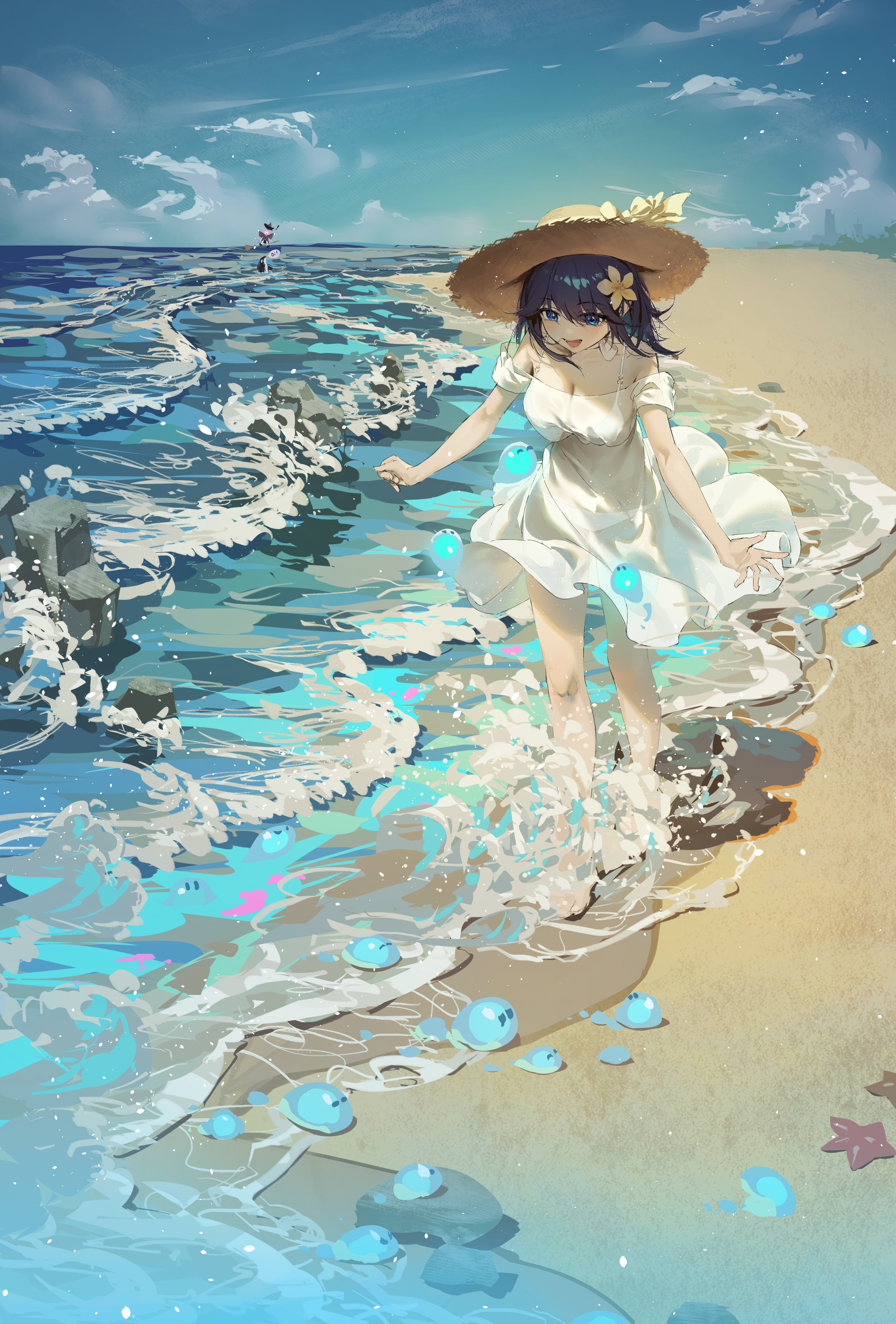 pekakiu, original, absurdres, highres, 2girls, barefoot, beach, blue eyes, blue hair, blue sky, bra, breasts, cleavage, cloud, cloudy sky, day, dress, flower, hair flower, hair ornament, hat, large breasts, long hair, multiple girls, ocean, off-shoulder dress, off shoulder, outdoors, panties, scenery, see-through clothes, see-through dress, sky, straw hat, sun hat, underwear, wading, white bra, white dress, white panties, witch