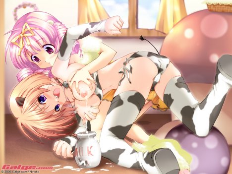 galge.com, lowres, 2girls, breasts, brown hair, cow, cow girl, cow print, drill hair, lactation, multiple girls, panties, pink hair, side-tie panties, underwear