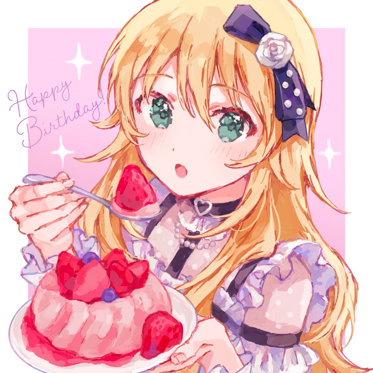3kio2giri, hoshii miki, idolmaster, idolmaster (classic), commentary, highres, 1girl, :o, black choker, blonde hair, border, bow, cake, choker, detached sleeves, english text, food, frilled shirt, frills, fruit, green eyes, hair bow, happy birthday, holding, holding food, holding plate, holding spoon, jewelry, long hair, looking at viewer, necklace, pearl necklace, pink background, plate, polka dot, see-through clothes, shirt, solo, solo focus, sparkle, spoon, strawberry, strawberry cake, white border