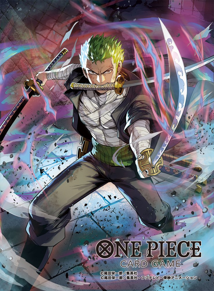 moreshan, roronoa zoro, one piece, one piece card game, commentary request, official art, 1boy, bandaged arm, bandaged chest, bandaged torso, bandages, battle damage, black pants, black shirt, brick floor, bruise, bruise on face, checkered floor, copyright name, copyright notice, debris, dual wielding, earrings, fighting stance, foot out of frame, green hair, haramaki, holding, holding sword, holding weapon, injury, jewelry, katana, looking at viewer, male focus, mouth hold, multiple swords, official alternate costume, open clothes, open shirt, pants, serious, shirt, short hair, solo, standing, sword, teeth hold, weapon