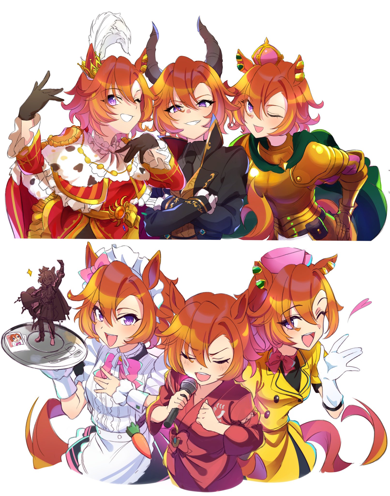 mochiyukimi21, t.m. opera o (o sole suo!) (umamusume), t.m. opera o (umamusume), umamusume, zombie land saga, highres, 6+girls, alternate costume, animal ears, apron, armor, bath yukata, black gloves, black skirt, bow, cape, chocolate statue, clenched teeth, closed eyes, collared shirt, crossed arms, crown, demon horns, dress, ear ribbon, frilled sleeves, frills, gauntlets, gloves, gold armor, green cape, hair between eyes, hand on own hip, hat, heart, holding, holding microphone, horns, horse ears, horse girl, horse tail, japanese clothes, kimono, long sleeves, looking at viewer, maid, maid apron, maid headdress, microphone, mini crown, multiple girls, music, necktie, official alternate costume, one eye closed, open mouth, orange hair, pink hat, plume, puffy short sleeves, puffy sleeves, purple eyes, red cape, red dress, ribbon, shirt, short hair, short sleeves, simple background, singing, skirt, spoken heart, tail, teeth, upper teeth only, white background, white gloves, yellow dress, yukata