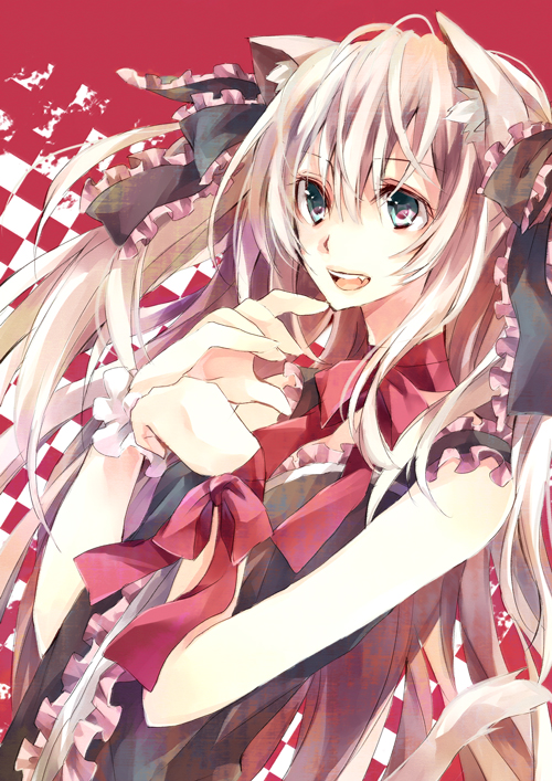 karu, yuzuki karu, original, bad id, bad pixiv id, 1girl, animal ears, aqua eyes, blonde hair, cat ears, cat girl, cat tail, female focus, long hair, ribbon, smile, solo, tail, very long hair