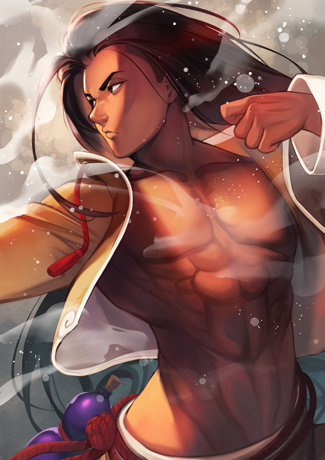 hinoru saikusa, jamie siu, street fighter, street fighter 6, commentary request, 1boy, abs, arm up, bare pectorals, brown eyes, closed mouth, cowboy shot, cropped jacket, dark-skinned male, dark skin, gourd, groin, hair down, jacket, long hair, long sleeves, male focus, open clothes, open jacket, pectorals, red rope, rope, rope belt, smoke, solo, very long hair
