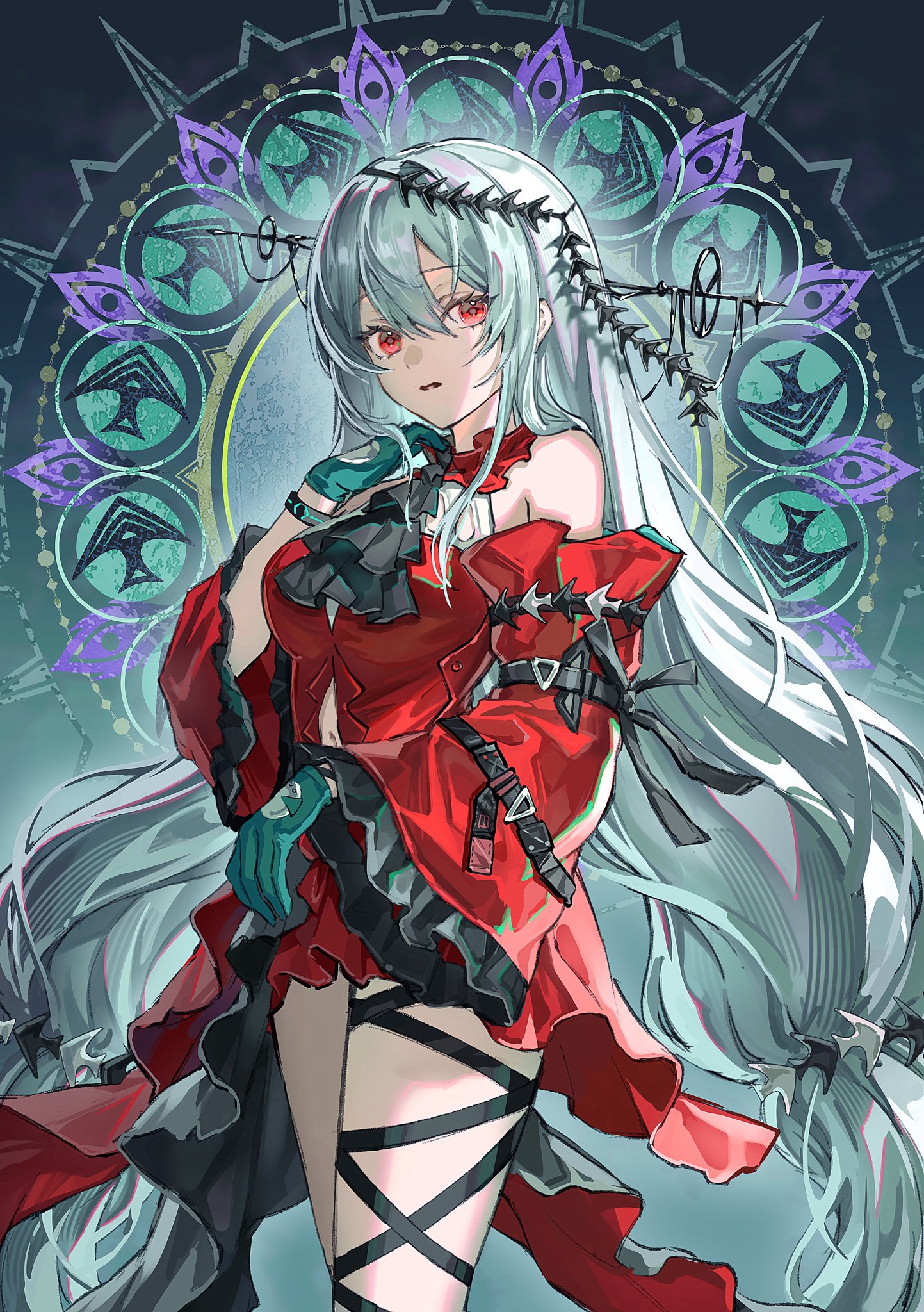 mira (345toron), infection monitor (arknights), skadi (arknights), skadi the corrupting heart (arknights), arknights, commentary, highres, symbol-only commentary, 1girl, aqua gloves, ascot, black ascot, cowboy shot, detached sleeves, gloves, grey hair, hair between eyes, hair ornament, hand up, long hair, looking at viewer, parted lips, red eyes, solo