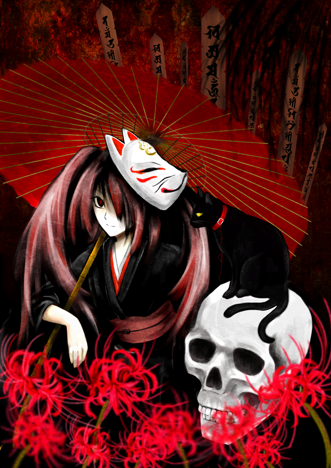blackwing phoenix, hatsune miku, musunde hiraite rasetsu to mukuro (vocaloid), vocaloid, bad id, bad pixiv id, 1girl, cat, female focus, flower, fox mask, japanese clothes, kimono, mask, oil-paper umbrella, pink hair, red eyes, red flower, siddham, skull, solo, sotoba, spider lily, twintails, umbrella