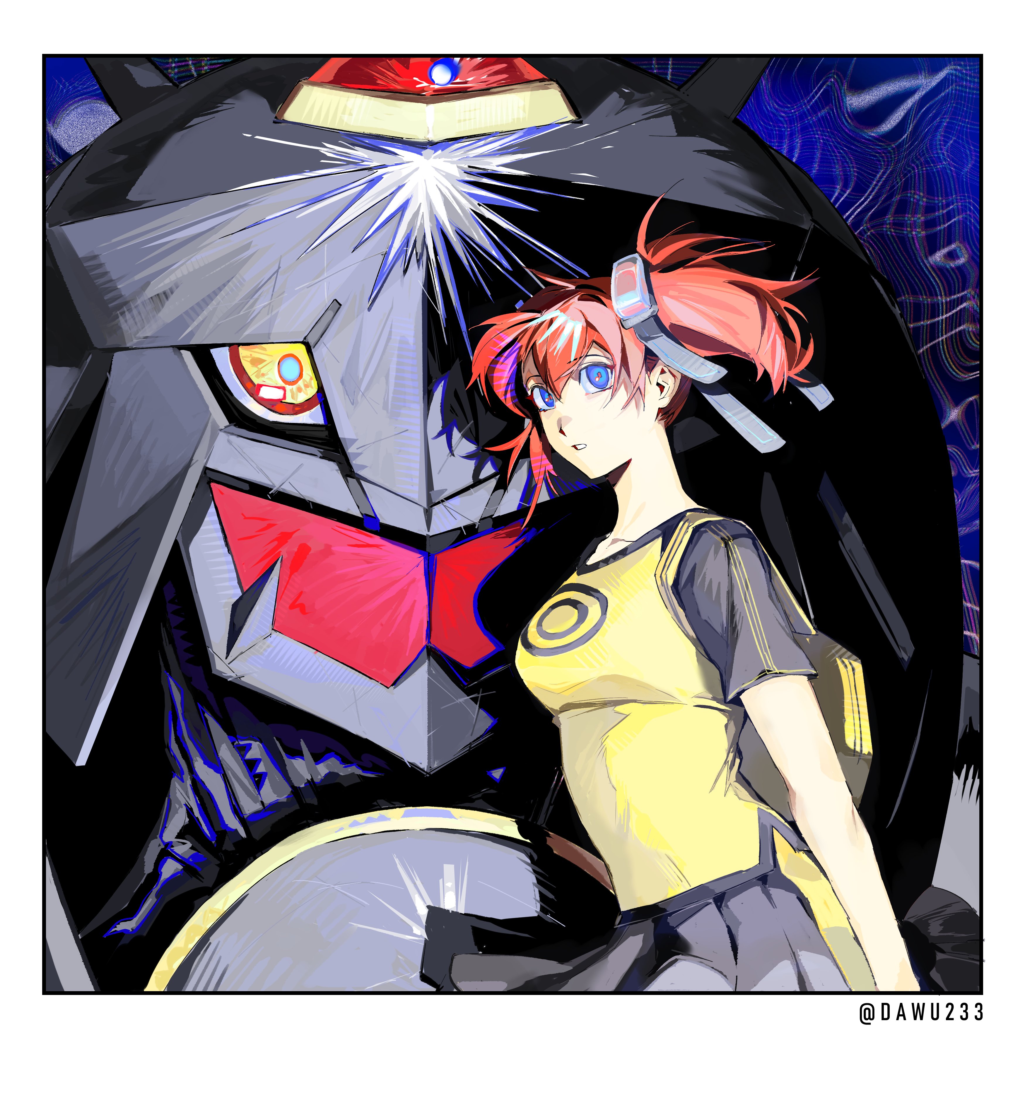 dawu233, aiba ami, alphamon, digimon, digimon story: cyber sleuth, absurdres, highres, 1girl, black skirt, blue eyes, border, breasts, close-up, collarbone, cowboy shot, goggles, goggles on head, pleated skirt, red hair, shirt, side ponytail, skirt, white border, yellow eyes, yellow shirt