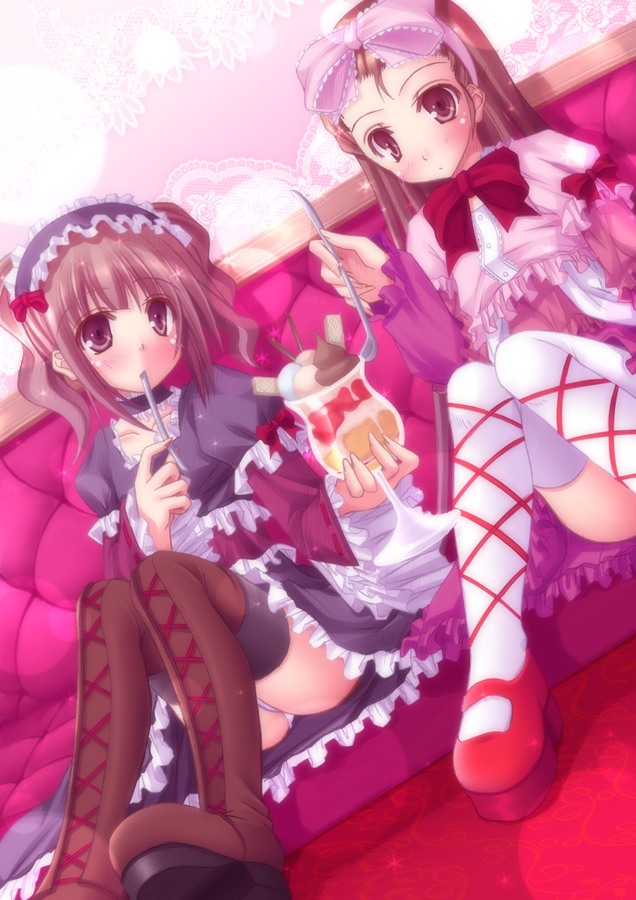kago no tori, minase iori, takatsuki yayoi, idolmaster, idolmaster (classic), bad id, bad pixiv id, 00s, 2girls, boots, bow, brown hair, dessert, food, gothic lolita, hair bow, hairband, lolita fashion, multiple girls, sitting, thigh boots, thighhighs
