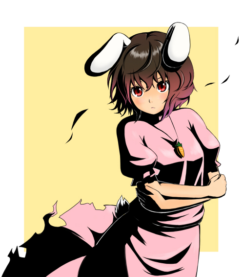 aki081, inaba tewi, touhou, 1girl, animal ears, carrot necklace, female focus, gradient hair, jewelry, multicolored hair, necklace, rabbit ears, red eyes, short hair, simple background, solo, yellow background