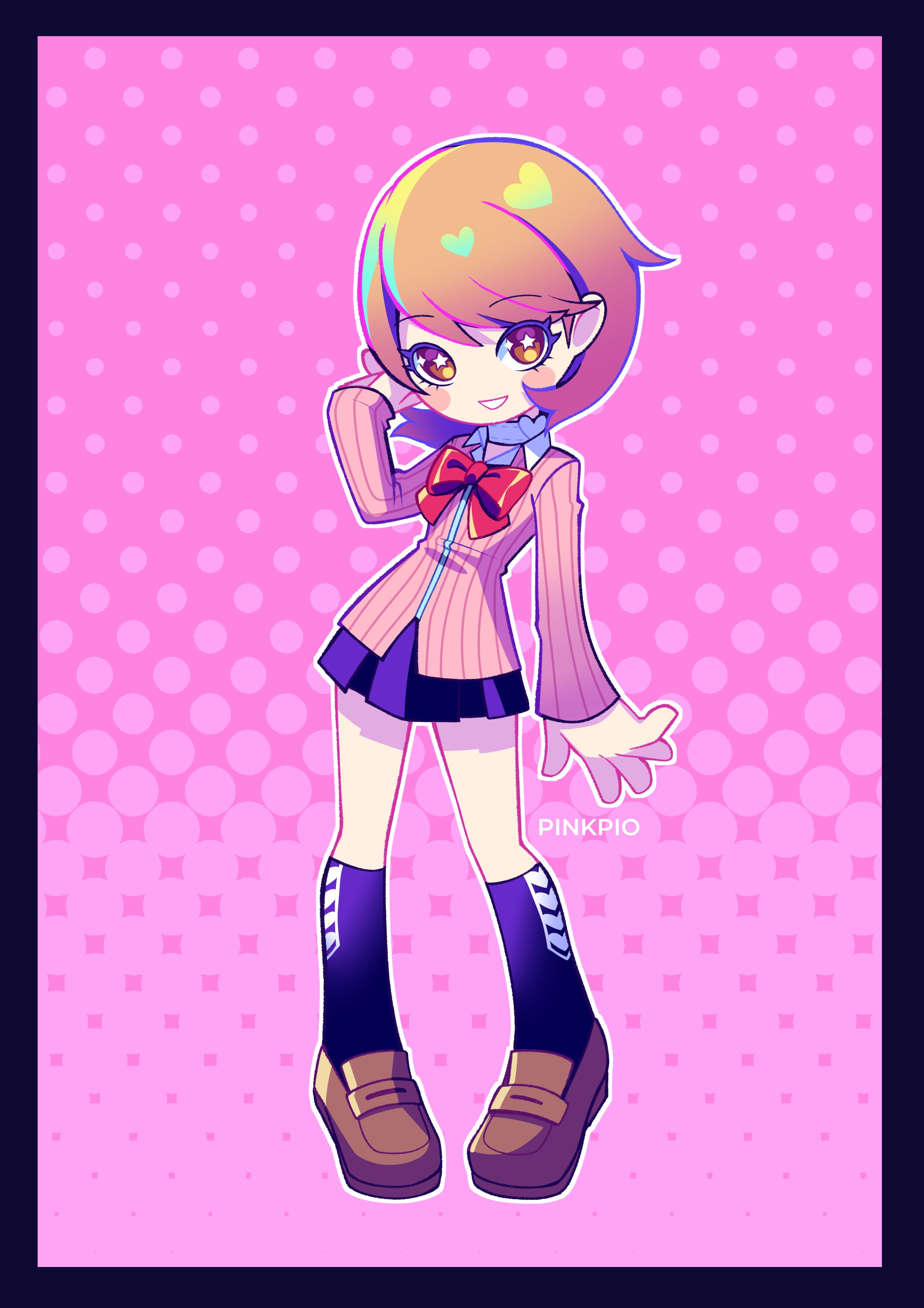 pinkpio1, takeba yukari, persona, persona 3, absurdres, hashtag-only commentary, highres, 1girl, artist name, black border, black skirt, black socks, blush, blush stickers, border, bow, bowtie, brown eyes, brown hair, brown shoes, cardigan, choker, collared shirt, flipped hair, full body, gradient background, heart, heart choker, heart print, kneehighs, long sleeves, looking at viewer, loose bowtie, miniskirt, parted lips, pink background, pink cardigan, pleated skirt, polka dot, polka dot background, print socks, red bow, red bowtie, ribbed cardigan, shirt, shoes, short hair, skirt, smile, socks, solo, standing, star (symbol), star in eye, symbol in eye, white choker, white shirt, zipper