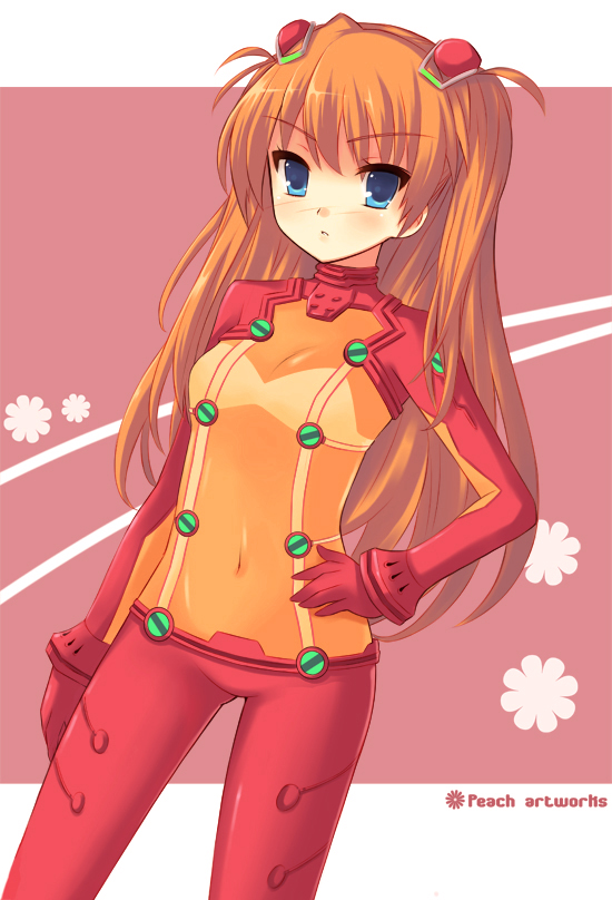peach88, souryuu asuka langley, evangelion: 2.0 you can (not) advance, neon genesis evangelion, rebuild of evangelion, bad id, bad pixiv id, 00s, 1girl, blue eyes, bodysuit, breasts, cleavage, female focus, hand on own hip, hip focus, mecha pilot suit, orange hair, plugsuit (evangelion), red hair, see-through cleavage, see-through clothes, solo, test plugsuit (evangelion)