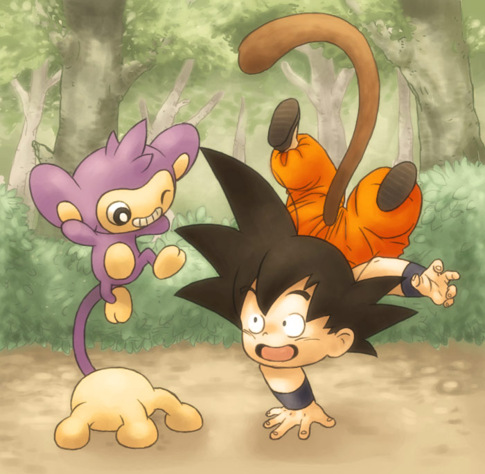 haru (pixiv122446), makumaku, aipom, son goku, dragon ball, nintendo, pokemon, 1boy, black hair, crossover, gen 2 pokemon, handstand, one arm handstand, one eye closed, pokemon (creature), smile, tail, wink