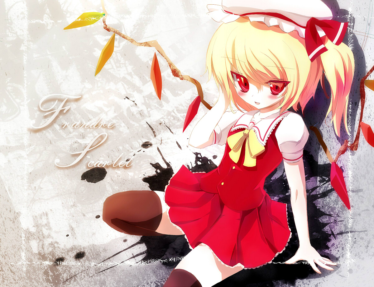 taharu kousuke, flandre scarlet, embodiment of scarlet devil, touhou, 1girl, blonde hair, female focus, hat, ponytail, red eyes, short hair, side ponytail, solo, thighhighs, wings