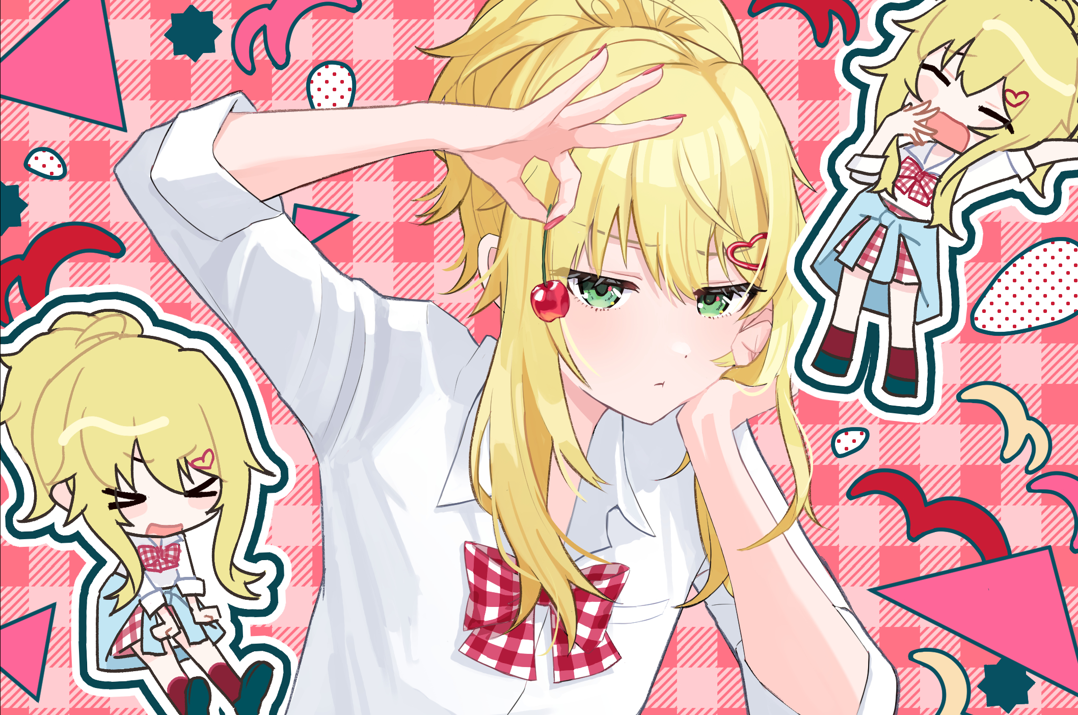 hoshii miki, cherry pop (vocaloid), idolmaster, idolmaster (classic), commentary, highres, > <, 1girl, ahoge, angry, blonde hair, bow, bowtie, checkered bow, checkered bowtie, checkered clothes, checkered skirt, cherry, chibi, chibi inset, clothes around waist, food, frown, fruit, gingham, gingham background, green eyes, hair between eyes, hair ornament, hairclip, hand on own cheek, hand on own face, hand up, heart, heart hair ornament, high ponytail, holding cherry, long sleeves, miniskirt, multiple views, nail polish, nissya248, open collar, open mouth, outline, patterned clothing, ponytail, red nails, red socks, shirt, sidelocks, skirt, socks, white shirt, yawning