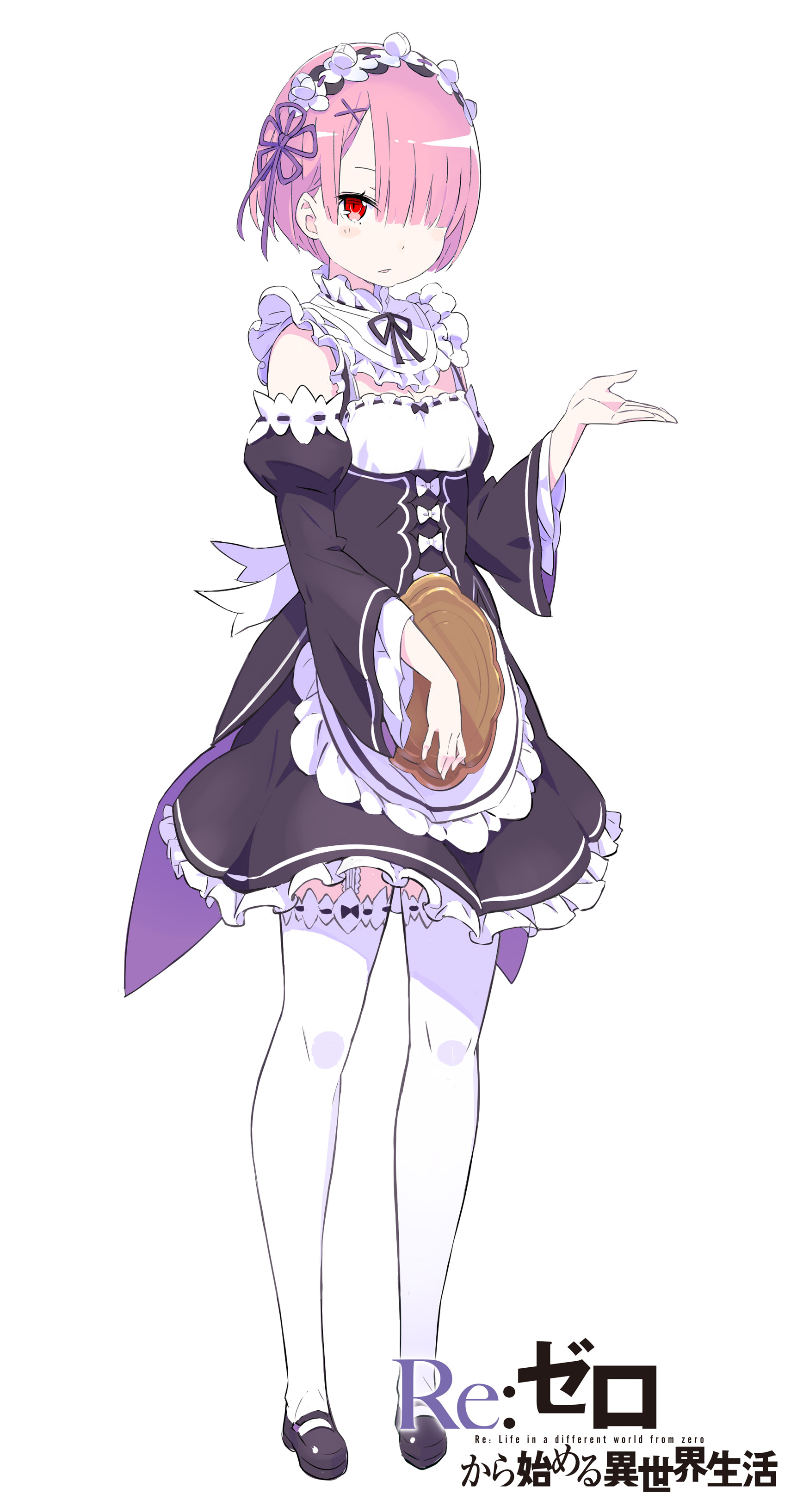 ootsuka shin'ichirou, ram (re:zero), re:zero kara hajimeru isekai seikatsu, absurdres, commentary request, highres, official art, 1girl, apron, black dress, black ribbon, black shoes, black sleeves, blush, bow, breasts, collar, copyright name, detached sleeves, dress, english text, frilled apron, frills, full body, hair ornament, hair over one eye, hair ribbon, hand up, holding, holding tray, looking at viewer, maid, maid apron, maid headdress, mary janes, open hand, parted lips, pink hair, puffy sleeves, purple ribbon, red eyes, ribbon, ribbon-trimmed clothes, ribbon trim, roswaal mansion maid uniform, shoes, short dress, short hair, simple background, sleeveless, sleeveless dress, small breasts, solo, standing, tachi-e, thighhighs, title, tray, tsurime, waist apron, white apron, white background, white bow, white collar, white thighhighs, wide sleeves, x hair ornament