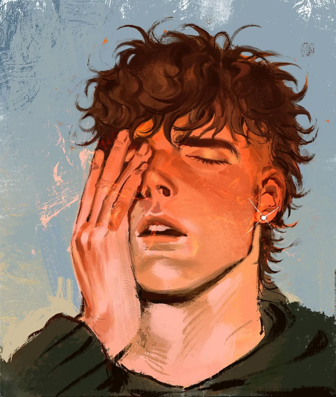 kunnuscumnus, original, commentary, english commentary, highres, unfinished, 1boy, blue background, brown hair, closed eyes, earrings, eyelashes, green hoodie, hand on own face, hood, hoodie, jewelry, messy hair, mullet, nose, one eye covered, open mouth, portrait, rowan (kunnuscumnus), stud earrings, tan, teeth, thick eyebrows, undercut, upper teeth only, wavy hair