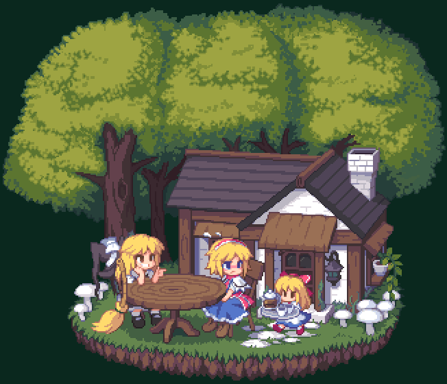 kou 2008, alice margatroid, kirisame marisa, shanghai doll, touhou, bad id, bad pixiv id, 3girls, blonde hair, blush, broom, chair, chibi, female focus, forest, grin, hat, head rest, house, lantern, multiple girls, mushroom, nature, outdoors, pixel art, pointing, sitting, smile, table, tree, unworn hat, unworn headwear