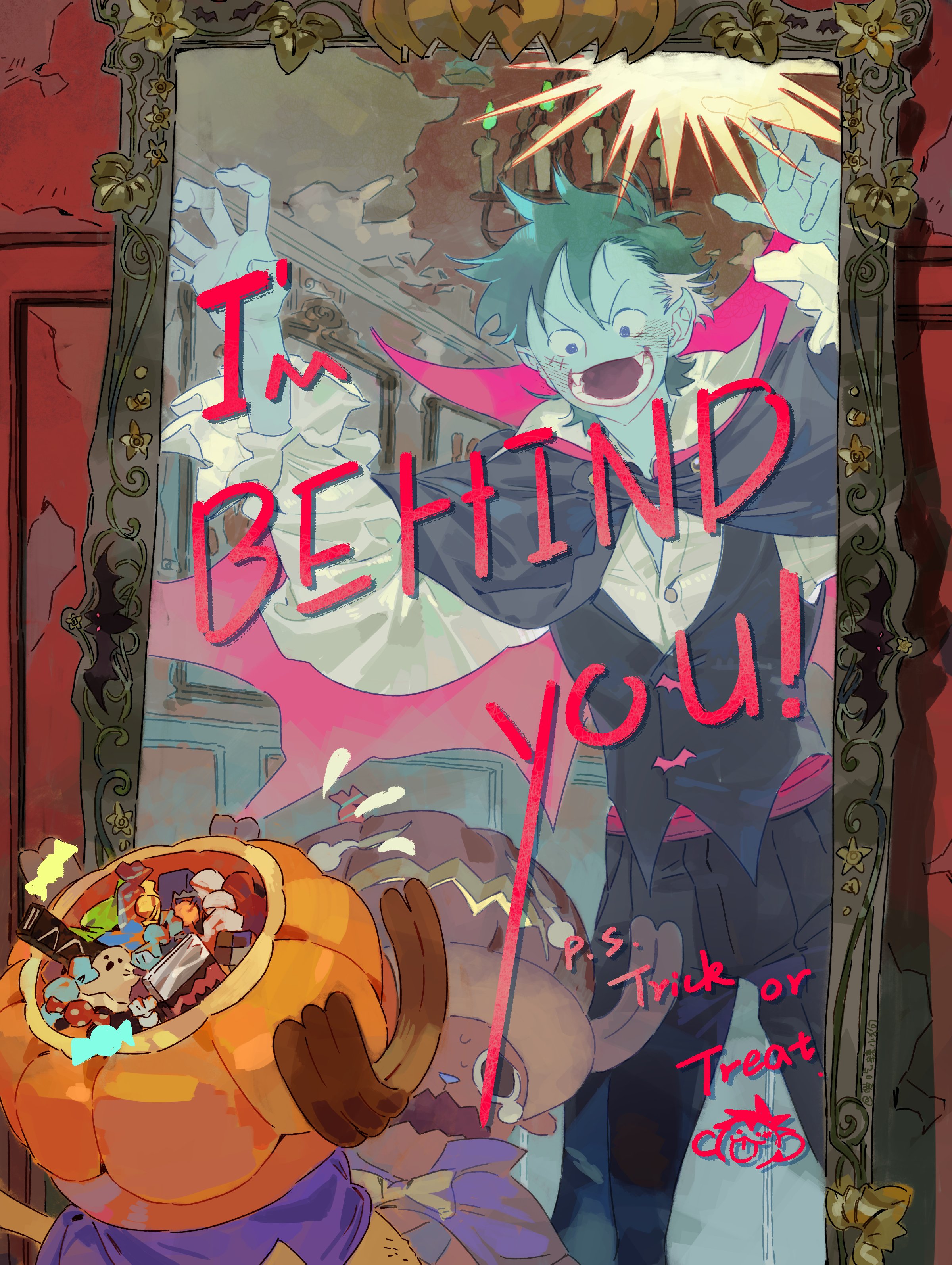 siyangou49, monkey d. luffy, tony tony chopper, one piece, absurdres, commentary, english commentary, highres, 2boys, animal ears, antlers, black hair, black pants, black vest, blue nose, candy, cape, colored skin, deer ears, english text, fangs, feet out of frame, flying sweatdrops, food, grey skin, halloween, halloween bucket, halloween costume, hands up, hat, horns, looking at another, male focus, mirror, multiple boys, open mouth, pants, pointy ears, purple cape, red cape, reindeer antlers, reindeer boy, scared, shirt, short hair, standing, trick or treat, vampire costume, vest, white shirt