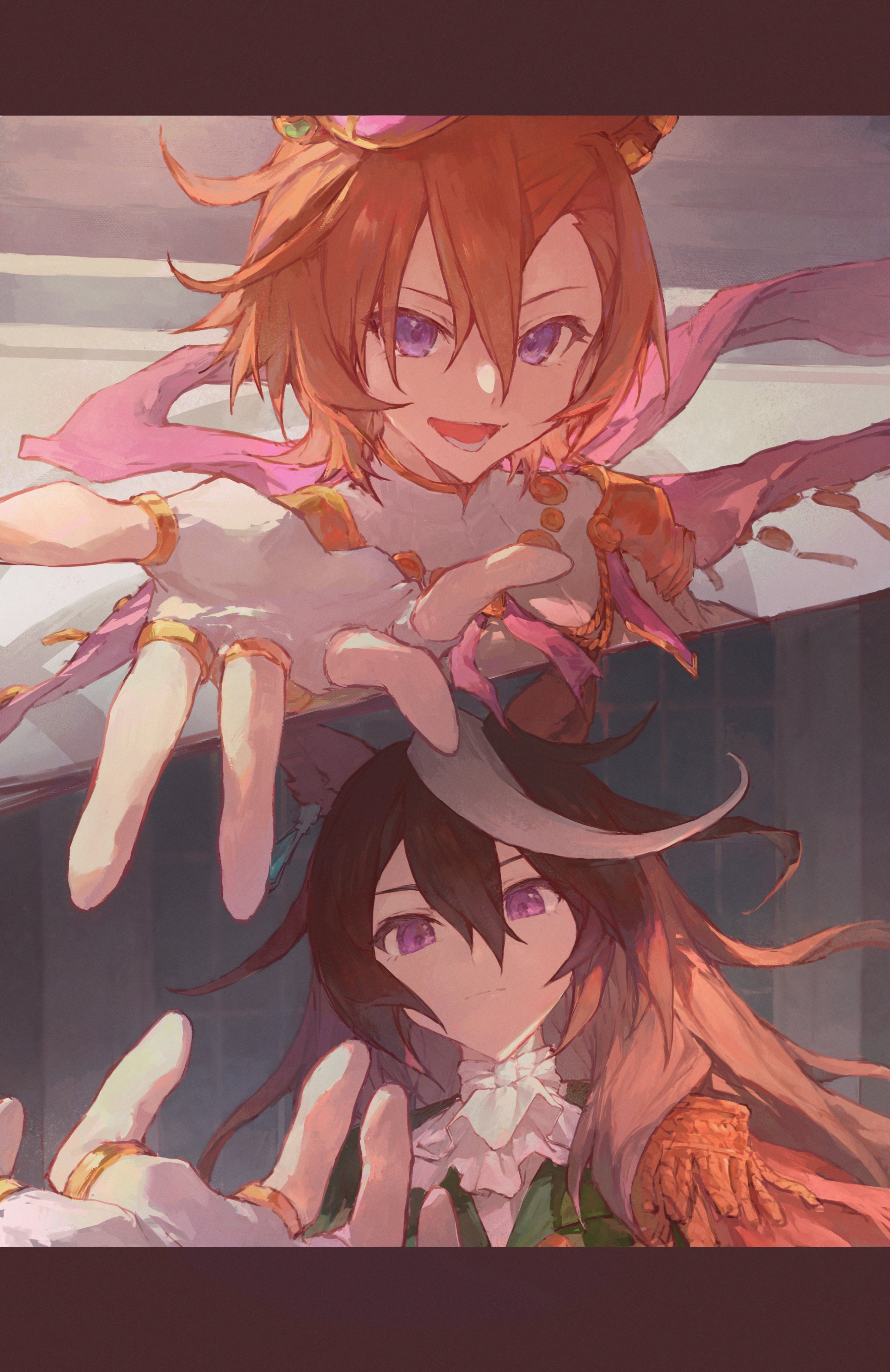 carlo 515, symboli rudolf (emperor's path) (umamusume), symboli rudolf (umamusume), t.m. opera o (o sole suo!) (umamusume), t.m. opera o (umamusume), umamusume, absurdres, highres, 2girls, animal ears, armor, ascot, brown hair, crown, earrings, epaulettes, expressionless, fingerless gloves, gloves, gold armor, hair between eyes, horse ears, horse girl, jewelry, long hair, looking at viewer, mini crown, multicolored hair, multiple girls, official alternate costume, open mouth, orange hair, outdoors, pov, reaching, reaching towards viewer, shadow, short hair, side cape, single earring, single epaulette, upper body, white ascot, white hair