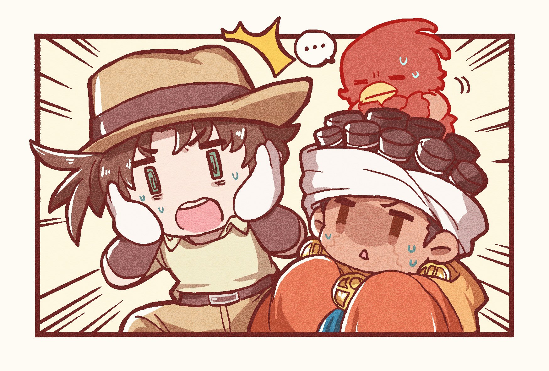 kasasagi (hinagi), joseph joestar, joseph joestar (old), joseph joestar (young), magician's red, mohammed avdol, jojo no kimyou na bouken, stardust crusaders, commentary request, highres, …, 1other, 2boys, aged down, alternate universe, animal, animal on head, bird, bird on head, brown hair, brown hat, brown pants, chibi, chibi only, dark-skinned male, dark skin, earrings, emphasis lines, gloves, green eyes, hat, headband, hoop earrings, jewelry, male focus, multiple boys, on head, orange robe, pants, robe, shaded face, sleeves past fingers, sleeves past wrists, stand (jojo), sweat, triangle mouth, white gloves, white headband