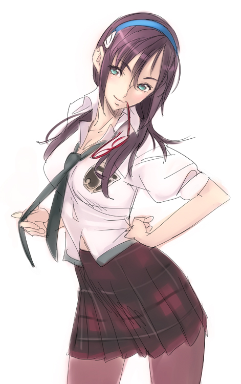 nishieda, makinami mari illustrious, evangelion: 2.0 you can (not) advance, neon genesis evangelion, rebuild of evangelion, bad id, bad pixiv id, 00s, 1girl, aqua eyes, brown hair, female focus, glasses, hand on own hip, holding, holding removed eyewear, long hair, mouth hold, necktie, pantyhose, plaid clothes, plaid skirt, school uniform, simple background, skirt, solo, unworn eyewear