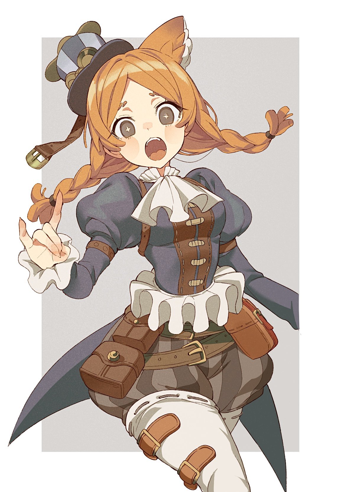 hoge (n8sss), anne lester (paper wings), identity v, highres, 1girl, animal ears, anne lester, arm strap, ascot, blue shirt, boots, braid, brown eyes, brown shorts, cowboy shot, cross-shaped pupils, fangs, floating hair, fox ears, fox shadow puppet, frilled ascot, frilled sleeves, frills, hat, juliet sleeves, long sleeves, looking at viewer, middle part, mini hat, mini top hat, official alternate costume, open mouth, orange hair, puffy shorts, puffy sleeves, shirt, shorts, solo, striped clothes, striped shorts, symbol-shaped pupils, tailcoat, thigh boots, top hat, twin braids, vertical-striped clothes, vertical-striped shorts, white ascot, white boots