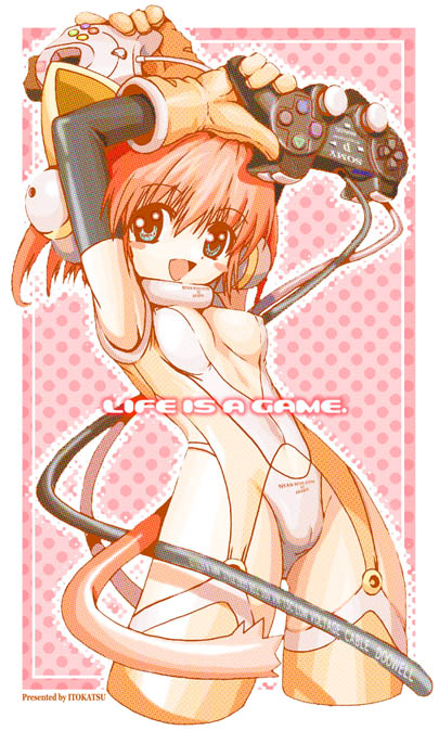 itokatsu, airi cosmos, gagraphic, nyan nyan police, 1girl, animal ears, armpits, bare shoulders, blue eyes, blush, bodysuit, breasts, cameltoe, cat ears, cat tail, controller, elbow gloves, fake animal ears, female focus, game console, game controller, gamepad, garter straps, gloves, happy, playstation 2, red hair, sega dreamcast, short hair, smile, solo, tail