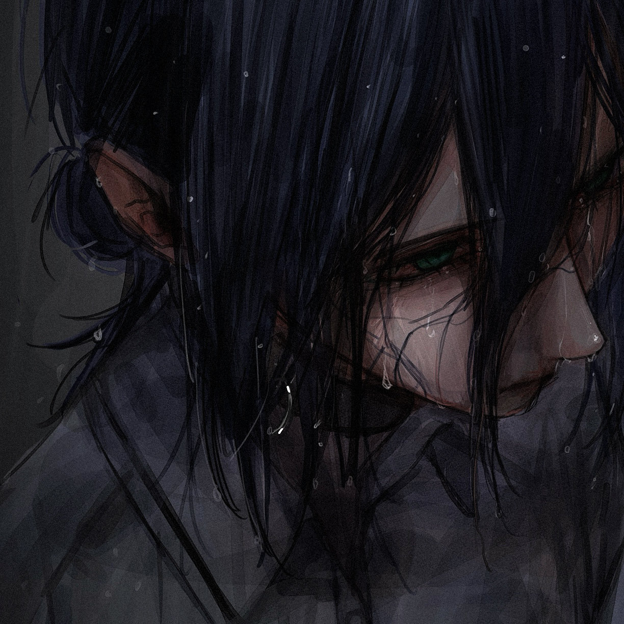 aiomita, reze (chainsaw man), chainsaw man, highres, 1girl, black hair, collared shirt, expressionless, from above, green eyes, hair between eyes, hair bun, shirt, sidelocks, solo, upper body, water, water drop, wet, white shirt