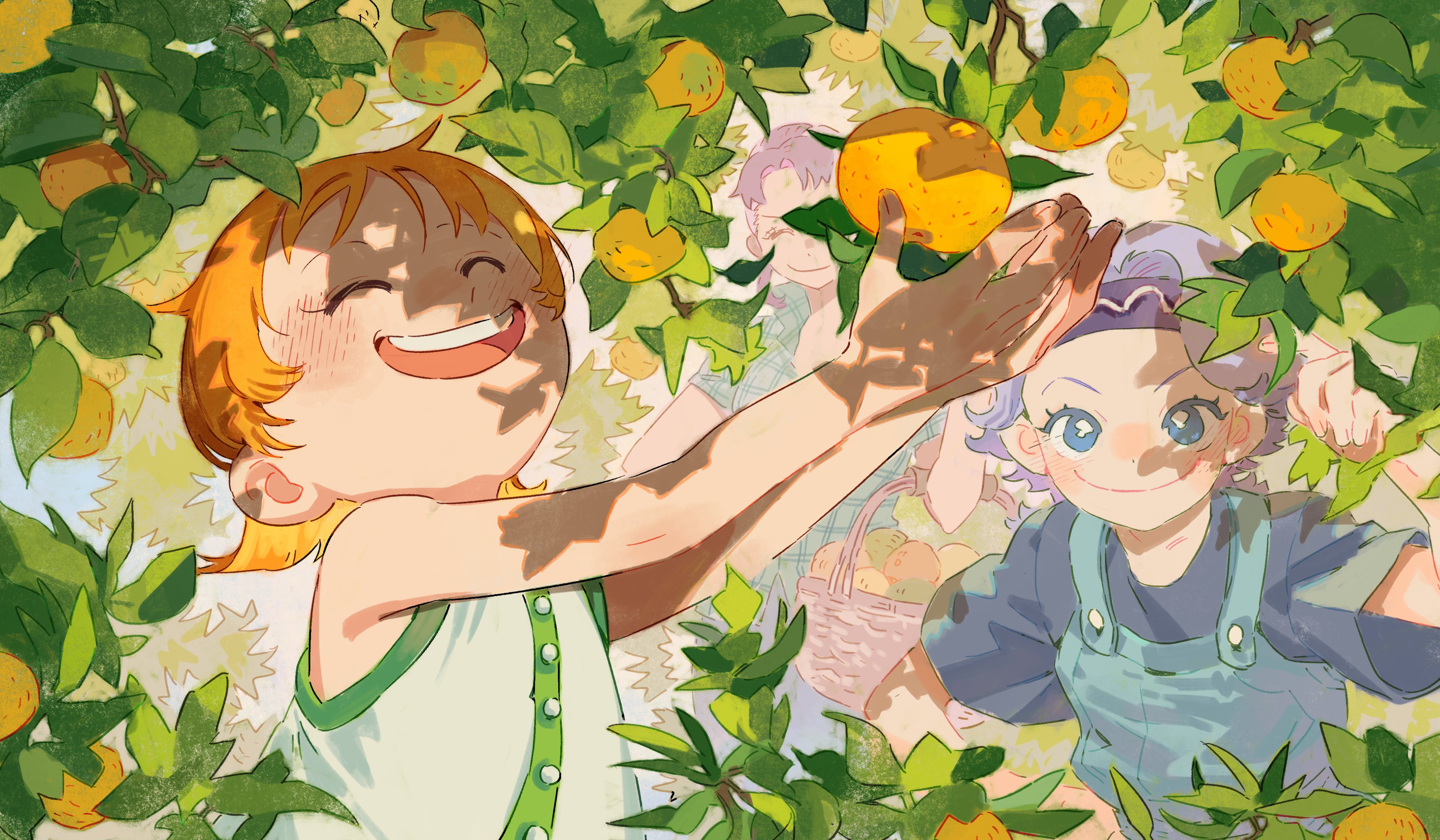 siyangou49, bellemere, nami (one piece), nojiko (one piece), one piece, absurdres, commentary, highres, symbol-only commentary, 3girls, adoptive parent and adoptive child, adoptive siblings, aged down, bare arms, bare shoulders, basket, blue eyes, blue overalls, blue shirt, blush, closed eyes, closed mouth, dappled sunlight, dress, food, fruit, green dress, headband, holding, holding basket, looking at another, mandarin orange, mother and daughter, multiple girls, open mouth, orange hair, orange tree, outdoors, overalls, pink hair, purple hair, shirt, short hair, siblings, sisters, sleeveless, sleeveless dress, smile, sunlight, teeth, upper body, upper teeth only