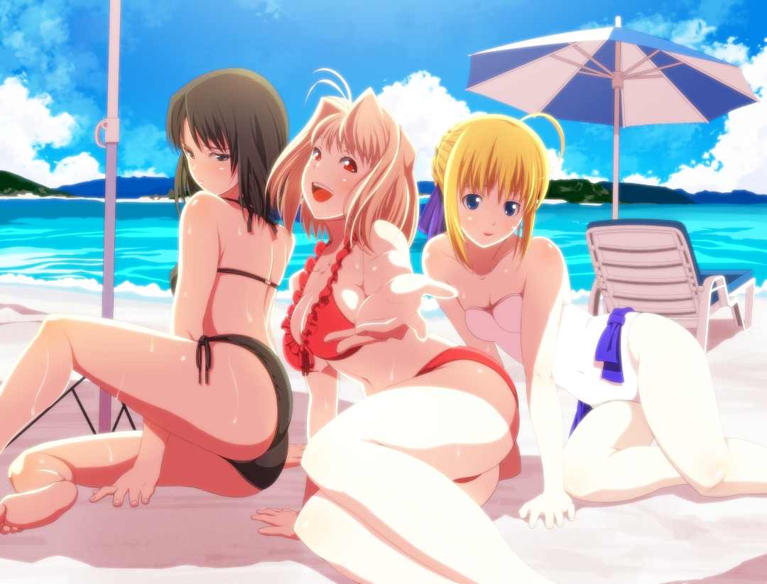 tsukumo (soar99), arcueid brunestud, artoria pendragon (fate), ryougi shiki, saber (fate), fate/stay night, fate (series), kara no kyoukai, tsukihime, 00s, 3girls, :d, ahoge, arm support, ass, bad anatomy, bad feet, bare legs, barefoot, beach, beach umbrella, beckoning, bikini, blonde hair, bloom, breasts, cloud, crossover, day, feet, frilled bikini, frills, front-tie top, hair ribbon, large breasts, looking back, multiple girls, navel, one-piece swimsuit, open mouth, outdoors, outstretched hand, parasol, poorly drawn, ribbon, shiny skin, side-tie bikini bottom, sideboob, sitting, sky, smile, soles, swimsuit, umbrella, underboob, wet, yokozuwari