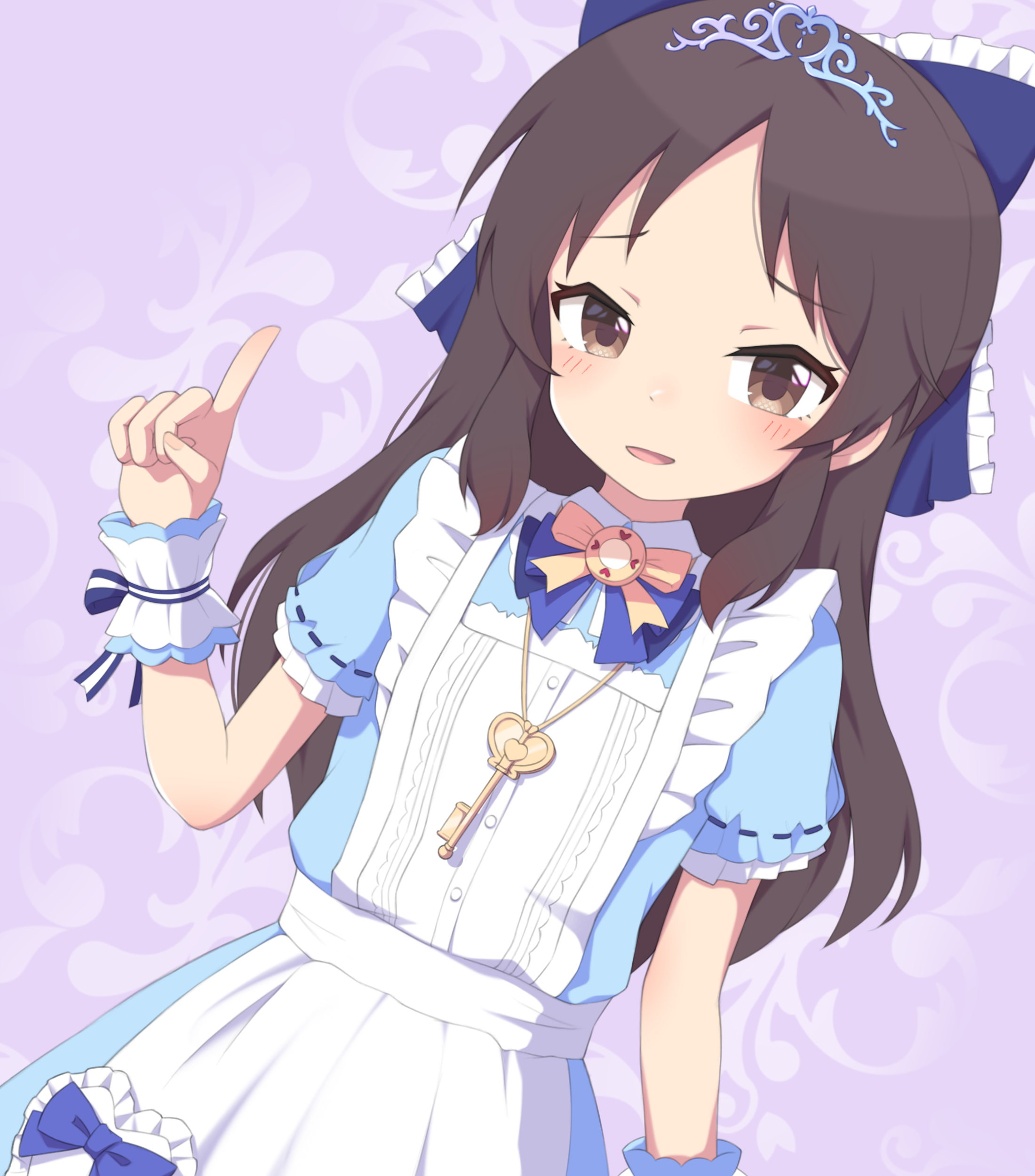 mooramango, tachibana arisu, idolmaster, idolmaster cinderella girls, idolmaster cinderella girls u149, absurdres, commentary, highres, apron, blue bow, blue bowtie, blue dress, blue tiara, blush, bow, bowtie, brown eyes, brown hair, dress, dutch angle, hair bow, hand up, jewelry, key, key necklace, long hair, miniskirt, necklace, open mouth, patterned background, purple background, skirt, smile, tiara, white apron, wrist cuffs