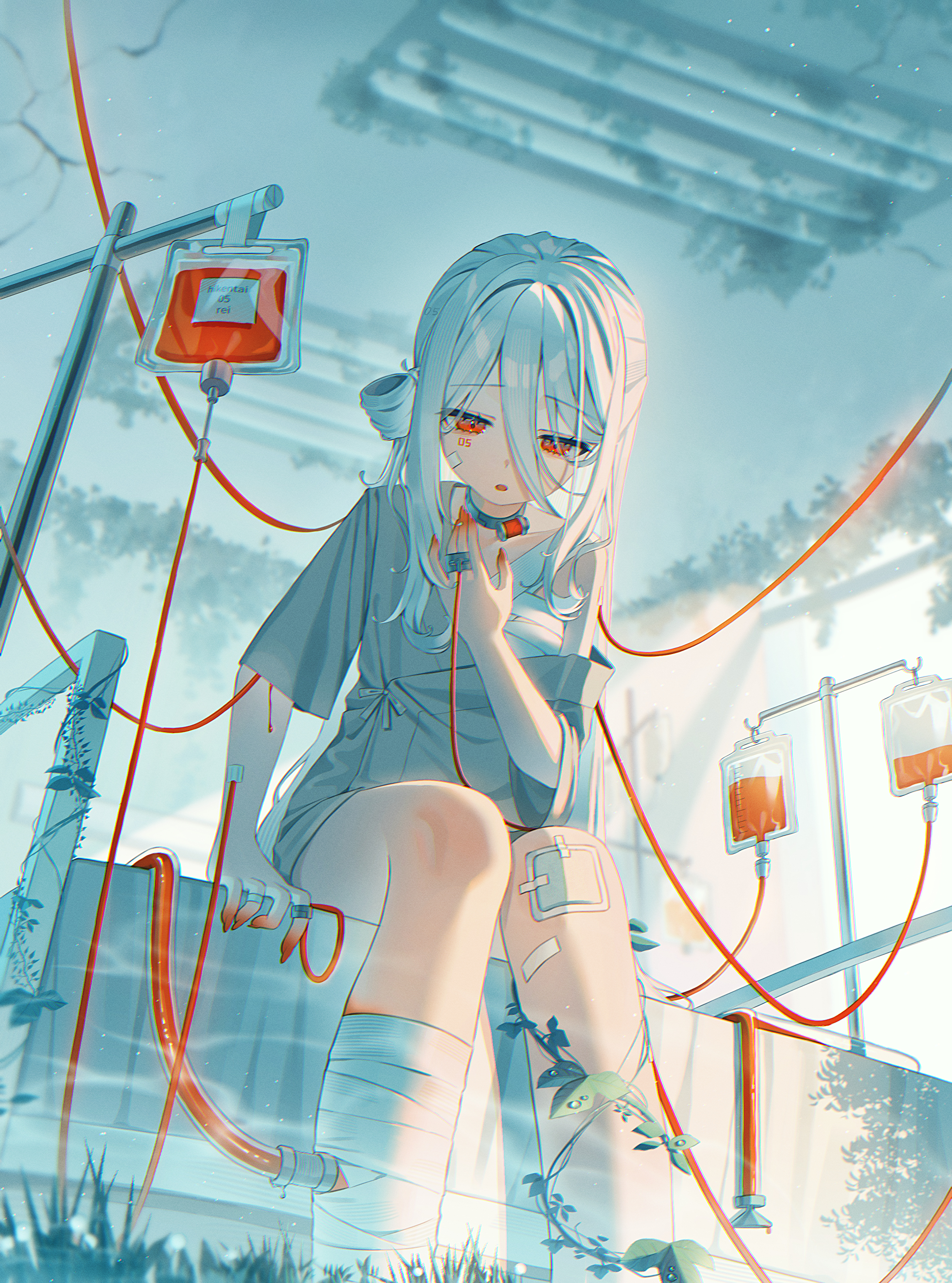 051 ogoli, original, absurdres, commentary request, highres, 1girl, :o, bandaged chest, bandaged leg, bandages, bandaid, bandaid on cheek, bandaid on face, bandaid on knee, bandaid on leg, bed, blood, blood bag, collar, colored extremities, facial tattoo, feet out of frame, from below, grey robe, hair between eyes, hair rings, hand on own chest, hospital, hospital bed, indoors, intravenous drip, iv stand, long hair, long hair between eyes, looking down, metal collar, number tattoo, on bed, one side up, open mouth, plant, red eyes, robe, robe partially removed, ruins, short sleeves, single bare shoulder, single hair ring, single off shoulder, sitting, solo, tattoo, vines, white hair