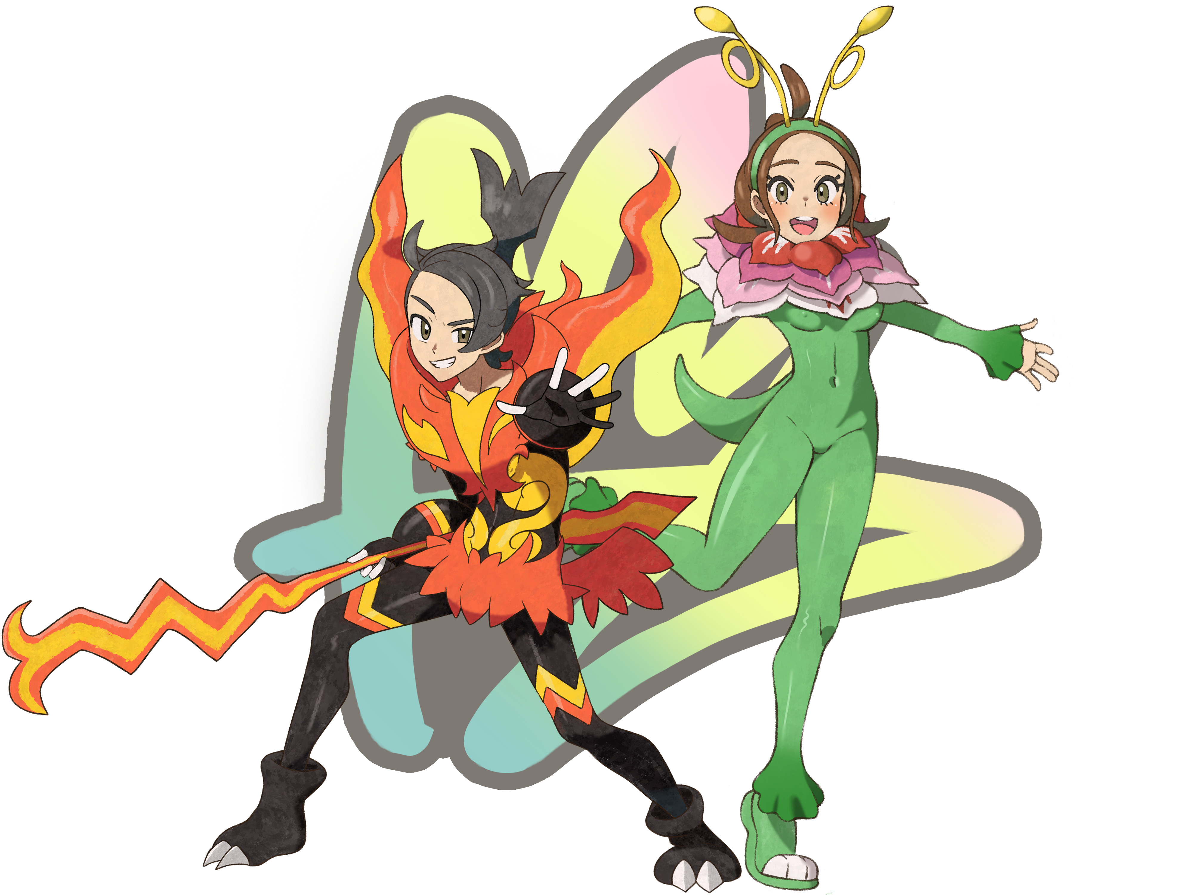 raida (fmuc5473), emboar, harmony (pokemon), mega emboar, mega meganium, meganium, paxton (pokemon), nintendo, pokemon, pokemon legends: z-a, absurdres, highres, 1boy, 1girl, antennae, black hair, bodysuit, brown eyes, brown hair, cosplay, covered navel, fire, full body, gen 2 pokemon, gen 5 pokemon, gloves, green headband, headband, holding, holding weapon, impossible bodysuit, impossible clothes, impossible leotard, leotard, mega emboar (cosplay), mega meganium (cosplay), neck flower, open mouth, partially fingerless gloves, skin tight, sleeves past wrists, standing, standing on one leg, teeth, upper teeth only, weapon