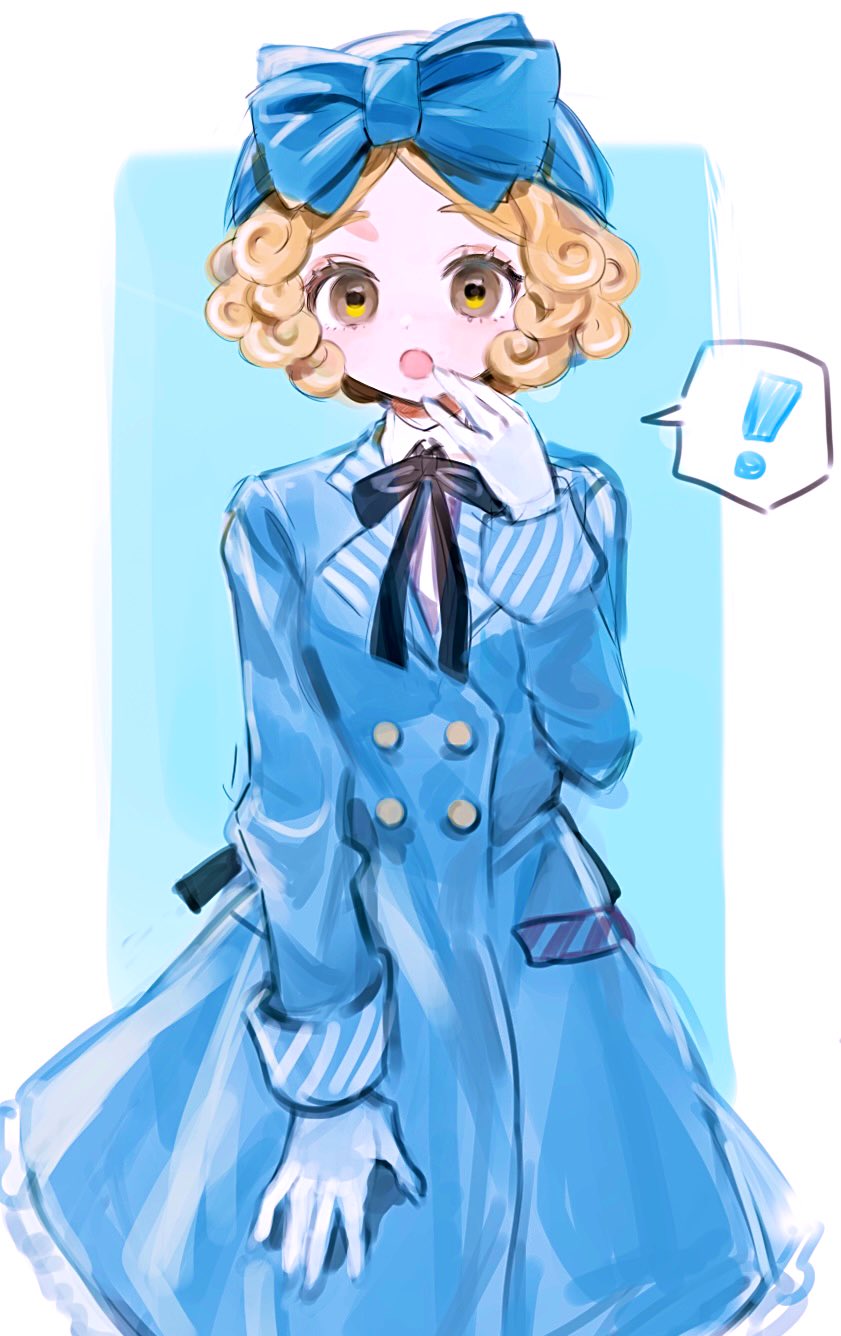 hoge (n8sss), tracy reznik, tracy reznik (just around the corner), identity v, highres, !, 1girl, :o, black bow, black bowtie, blonde hair, blue bow, blue coat, blue hairband, blue theme, bow, bow hairband, bowtie, brown eyes, coat, cowboy shot, curly hair, hairband, hand on lap, hand to own mouth, looking at viewer, official alternate costume, short hair, solo, spoken exclamation mark, striped clothes