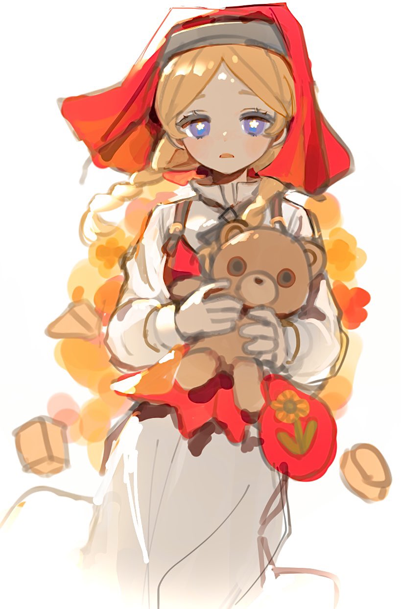 hoge (n8sss), identity v, highres, 1girl, anne lester, blonde hair, blue eyes, braid, floating clothes, floating hair, flower-shaped pupils, half-closed eyes, holding, holding stuffed toy, looking at viewer, middle part, puffy sleeves, red veil, red vest, shirt, single braid, skirt, solo, stuffed animal, stuffed toy, symbol-shaped pupils, teddy bear, veil, vest, white shirt, white skirt