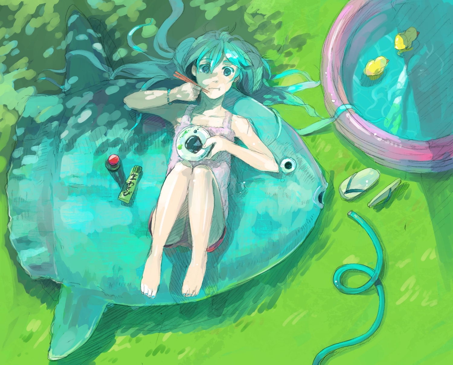 *kekan, keipomjp, kekan, hatsune miku, vocaloid, bad id, bad pixiv id, highres, 1girl, aqua eyes, aqua hair, barefoot, eating, female focus, fish, from above, grass, knees to chest, long hair, lying, ocean sunfish, on back, pool, shorts, solo, twintails, wading pool