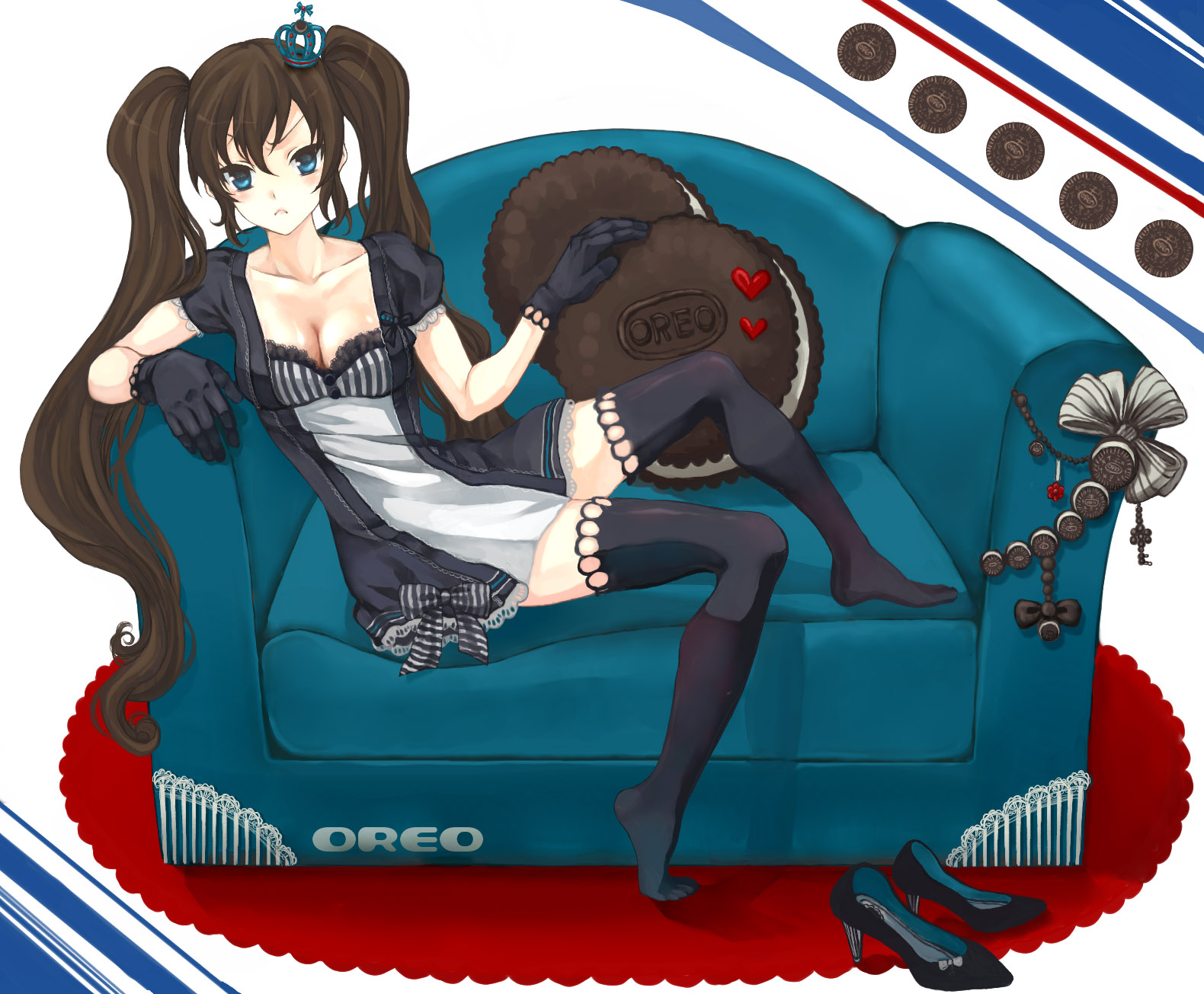 anko kinako, original, highres, 1girl, :<, blue eyes, blue upholstery, bow, breasts, brown hair, cleavage, cookie, couch, crown, female focus, food, gloves, heart, high heels, legs, long hair, oreo, product placement, shoes, sitting, solo, thighhighs, twintails