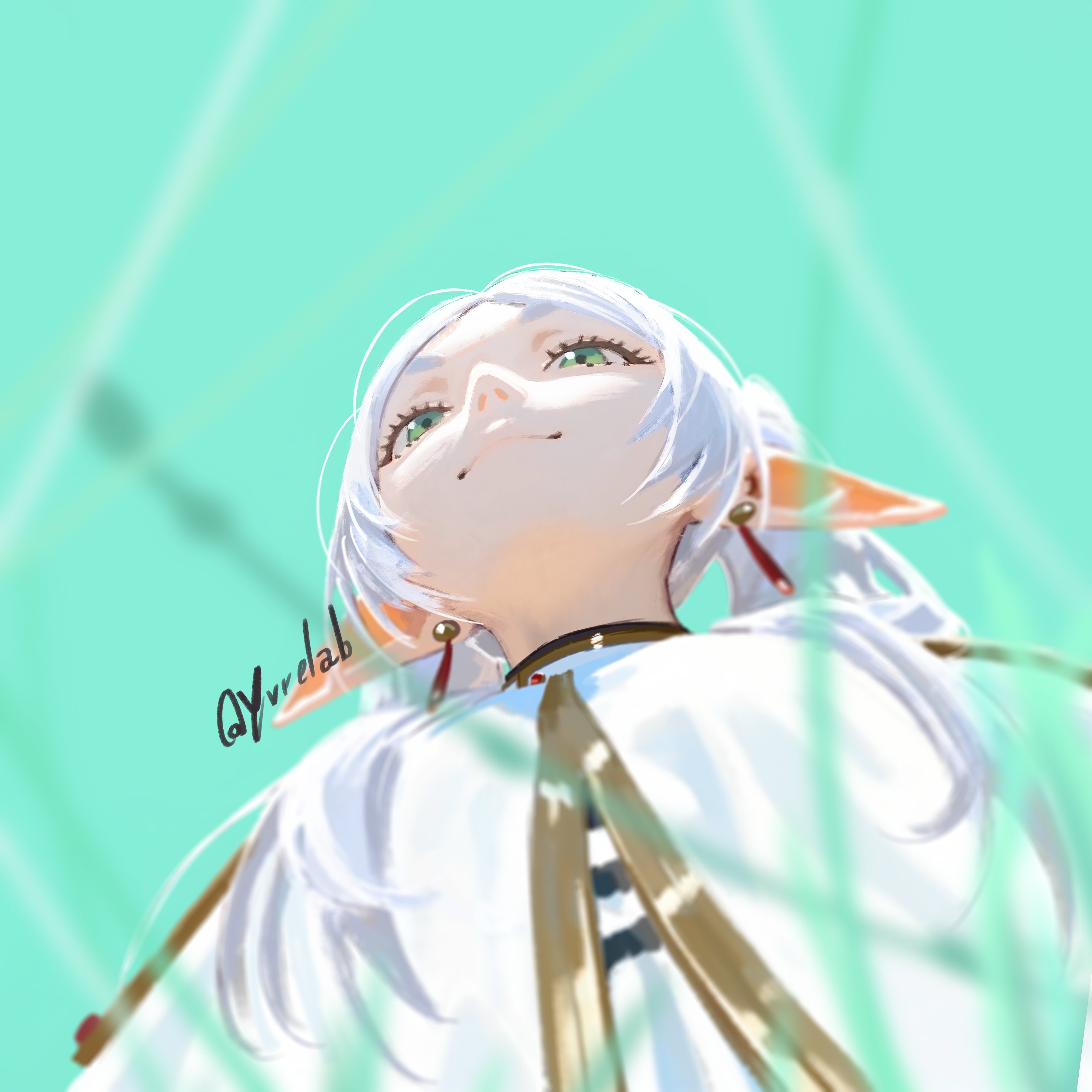 frieren, sousou no frieren, absurdres, commentary, english commentary, highres, 1girl, aqua background, artist name, closed mouth, earrings, elf, from below, green eyes, jewelry, long hair, looking ahead, meme, pointy ears, simple background, solo, twintails, upper body, upward angle frieren drawing (meme), white hair, yurelab