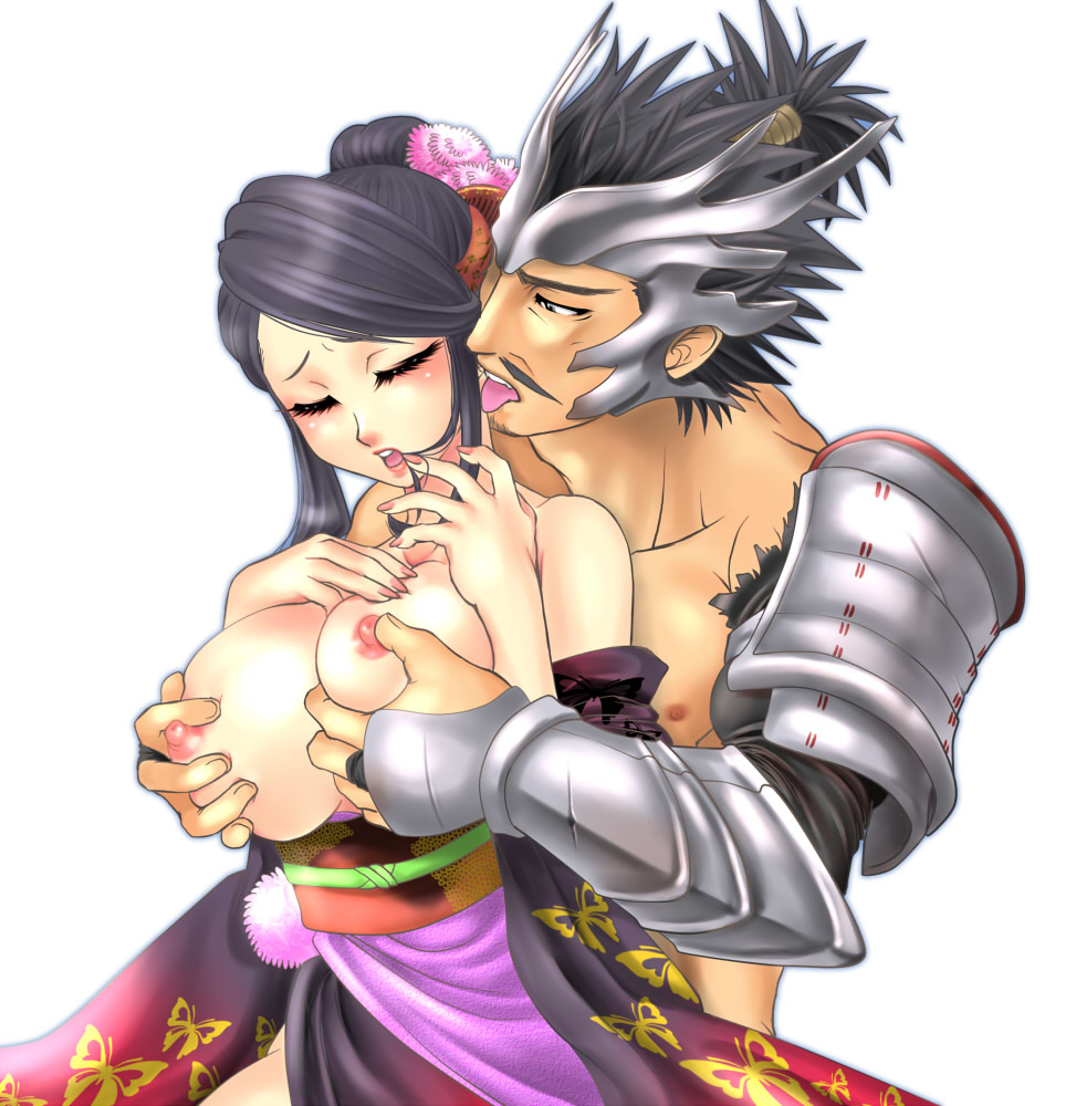 tokisige, nouhime, nouhime (sengoku basara), oda nobunaga (sengoku basara), sengoku basara, bad id, bad pixiv id, 00s, 1boy, 1girl, armor, black hair, breasts, breasts squeezed together, closed eyes, couple, dark-skinned male, dark skin, grabbing another's breast, groping, hetero, huge breasts, nail polish, nipples, open mouth, simple background, tongue, tongue out