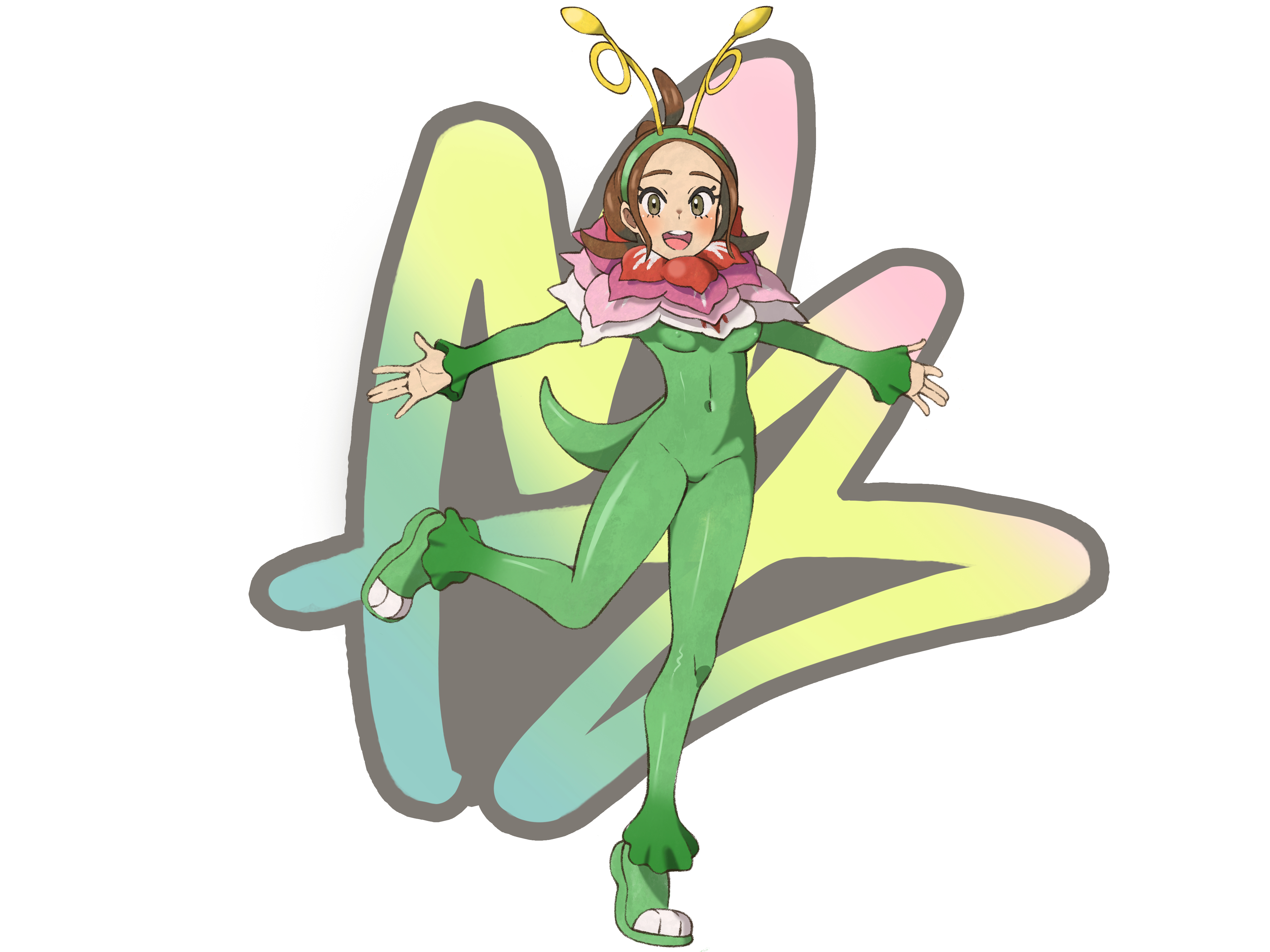 raida (fmuc5473), harmony (pokemon), mega meganium, meganium, nintendo, pokemon, pokemon legends: z-a, absurdres, highres, 1girl, :d, ahoge, antennae, bodysuit, brown eyes, cosplay, covered navel, fake antennae, full body, gen 2 pokemon, green headband, headband, impossible bodysuit, impossible clothes, impossible leotard, leotard, neck flower, open mouth, skin tight, sleeves past wrists, smile, standing, standing on one leg, teeth, upper teeth only