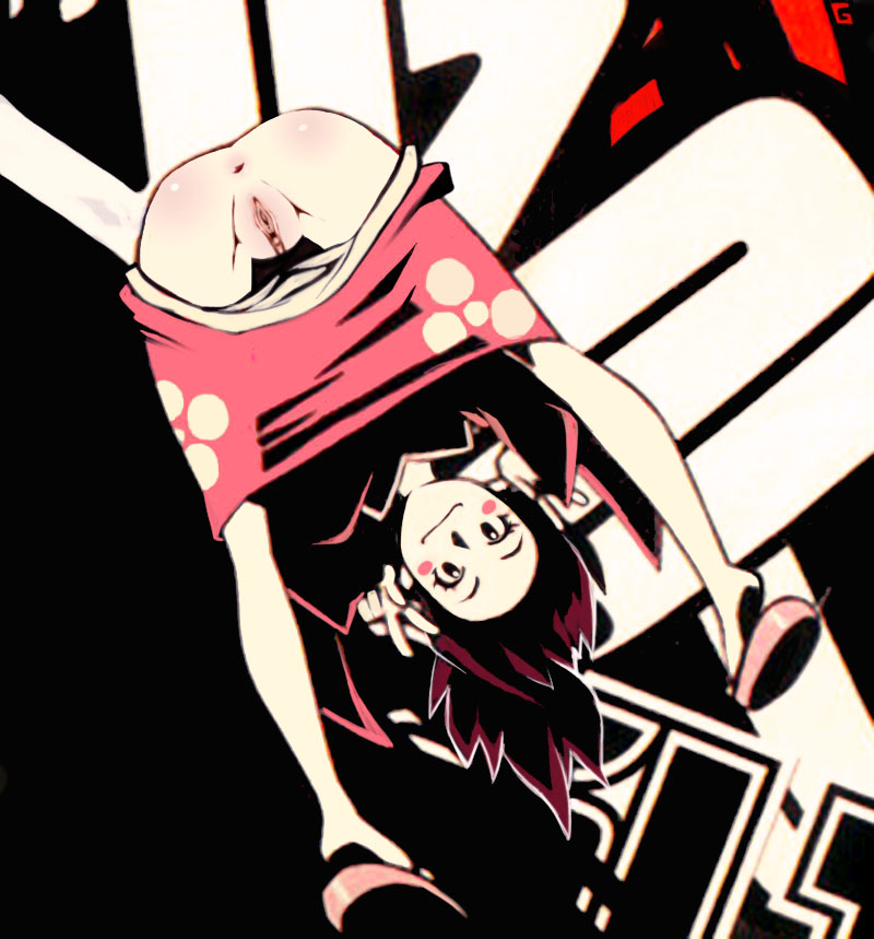 fuu (samurai champloo), samurai champloo, source request, third-party edit, 00s, 1girl, anus, ass, bent over, blush stickers, brown eyes, brown hair, clothes pull, female focus, from behind, from below, japanese clothes, kimono, pussy, sandals, skirt, skirt pull, solo, uncensored, v, yukata