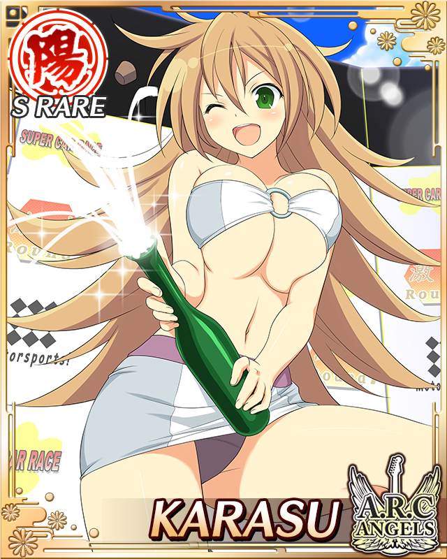 karasu (senran kagura), senran kagura, senran kagura new wave, game cg, official art, 1girl, :o, border, bottle, breasts, brown hair, card (medium), champagne bottle, character name, cleavage, english text, green eyes, grey skirt, grey tube top, holding, holding bottle, large breasts, leg up, long hair, navel, o-ring, o-ring top, one eye closed, panties, pencil skirt, purple panties, race queen, skirt, smile, solo, spraying, strapless, tube top, underwear