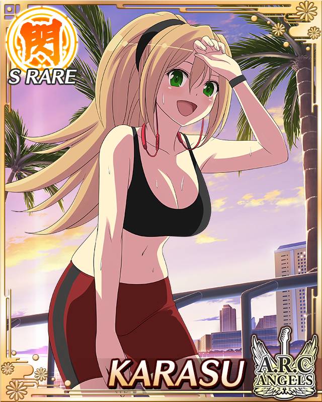 karasu (senran kagura), senran kagura, senran kagura new wave, game cg, official art, 1girl, :d, bike shorts, border, breasts, brown hair, card (medium), character name, cleavage, english text, green eyes, headphones, headphones around neck, jogging, large breasts, long hair, looking at viewer, morning, navel, official alternate hairstyle, open mouth, palm tree, red shorts, shorts, smile, solo, sports bra, sweat, tree, wiping sweat