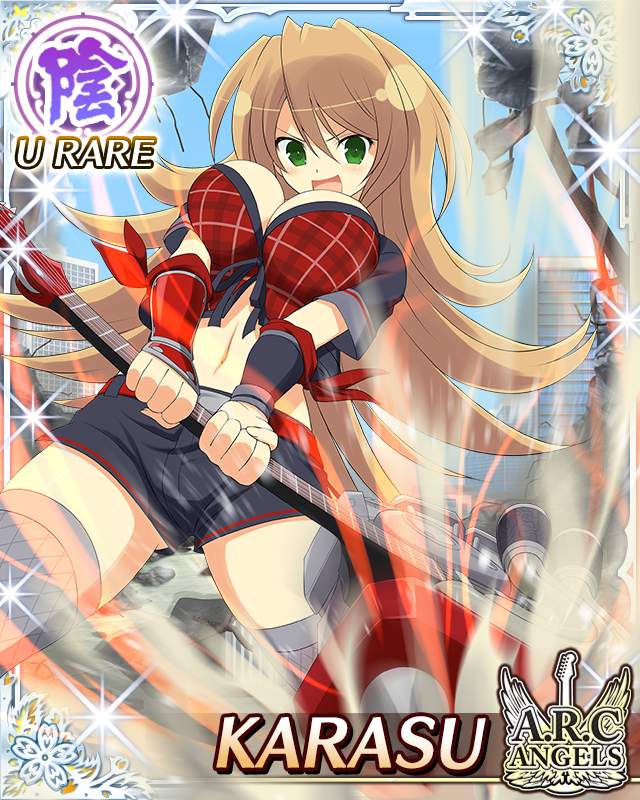 karasu (senran kagura), senran kagura, senran kagura new wave, game cg, official art, 1girl, :d, arm guards, black coat, black shorts, border, breasts, brown hair, card (medium), character name, cityscape, coat, crop top, cropped coat, electric guitar, english text, green eyes, grey thighhighs, guitar, instrument, large breasts, long hair, midriff, navel, open mouth, plaid clothes, plaid vest, red vest, shorts, skindentation, smile, solo, swinging weapon, thighhighs, vest