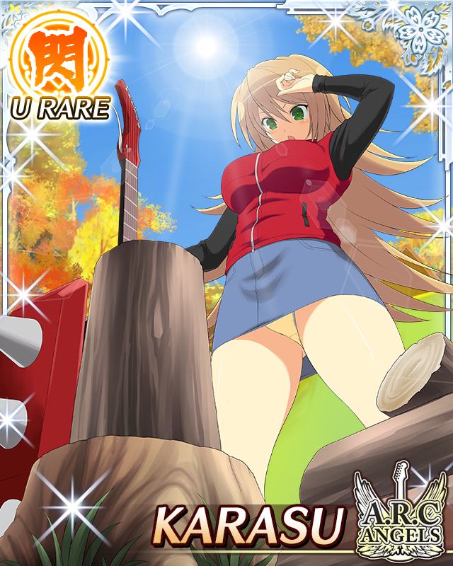 karasu (senran kagura), senran kagura, senran kagura new wave, game cg, official art, 1girl, black shirt, border, breasts, brown hair, card (medium), character name, chopping, english text, from below, gluteal fold, green eyes, guitar, holding, holding guitar, holding instrument, instrument, large breasts, long hair, long sleeves, looking at viewer, outdoors, panties, pencil skirt, red sweater, shirt, skirt, solo, sun, sweater, underwear, yellow panties