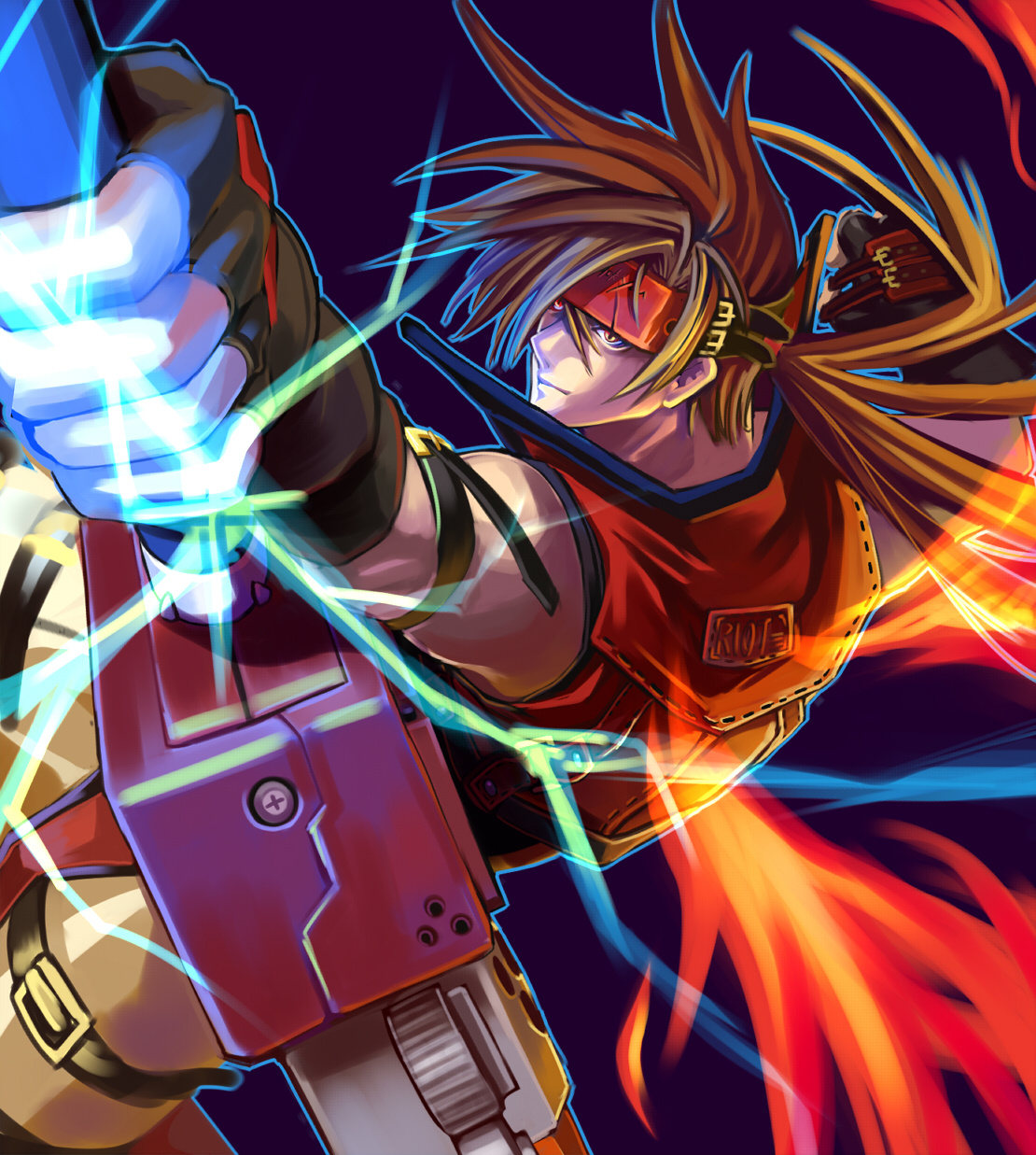 koga (yamazaki), sol badguy, arc system works, guilty gear, bad id, bad pixiv id, highres, brown hair, gloves, headband, male focus, solo, sword, weapon