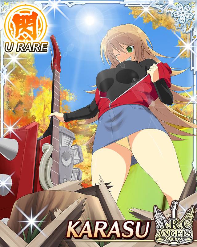 karasu (senran kagura), senran kagura, senran kagura new wave, game cg, official art, 1girl, border, breasts, brown hair, card (medium), changing clothes, character name, chopped wood, english text, from below, gluteal fold, green eyes, grin, large breasts, long hair, looking at viewer, one eye closed, outdoors, panties, pencil skirt, red sweater, skirt, smile, solo, sun, sweat, sweater, underwear, yellow panties